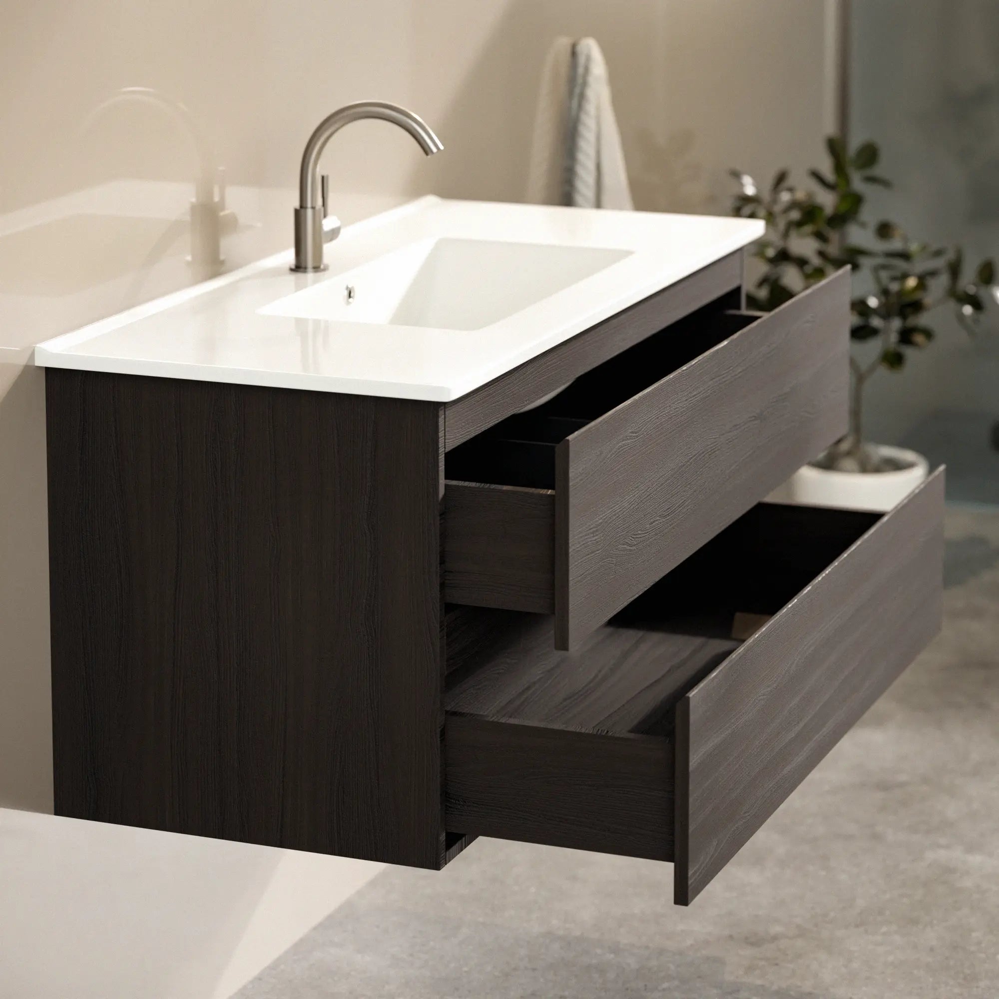 Meuble de salle de bain Varo - 100 cm - Noyer - Lavabo blanc - Précommander