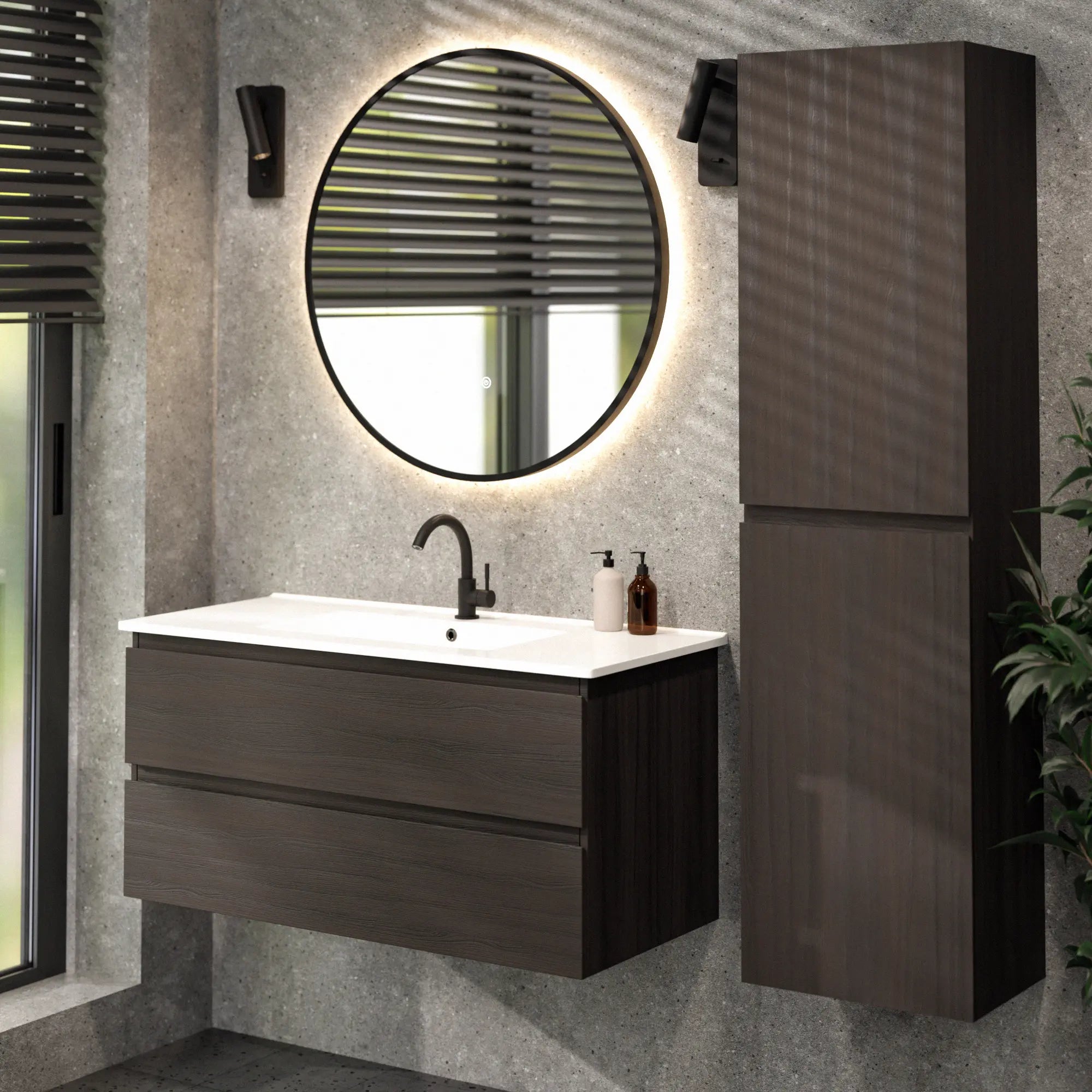 Meuble de salle de bain Varo - 100 cm - Noyer - Lavabo blanc - Précommander