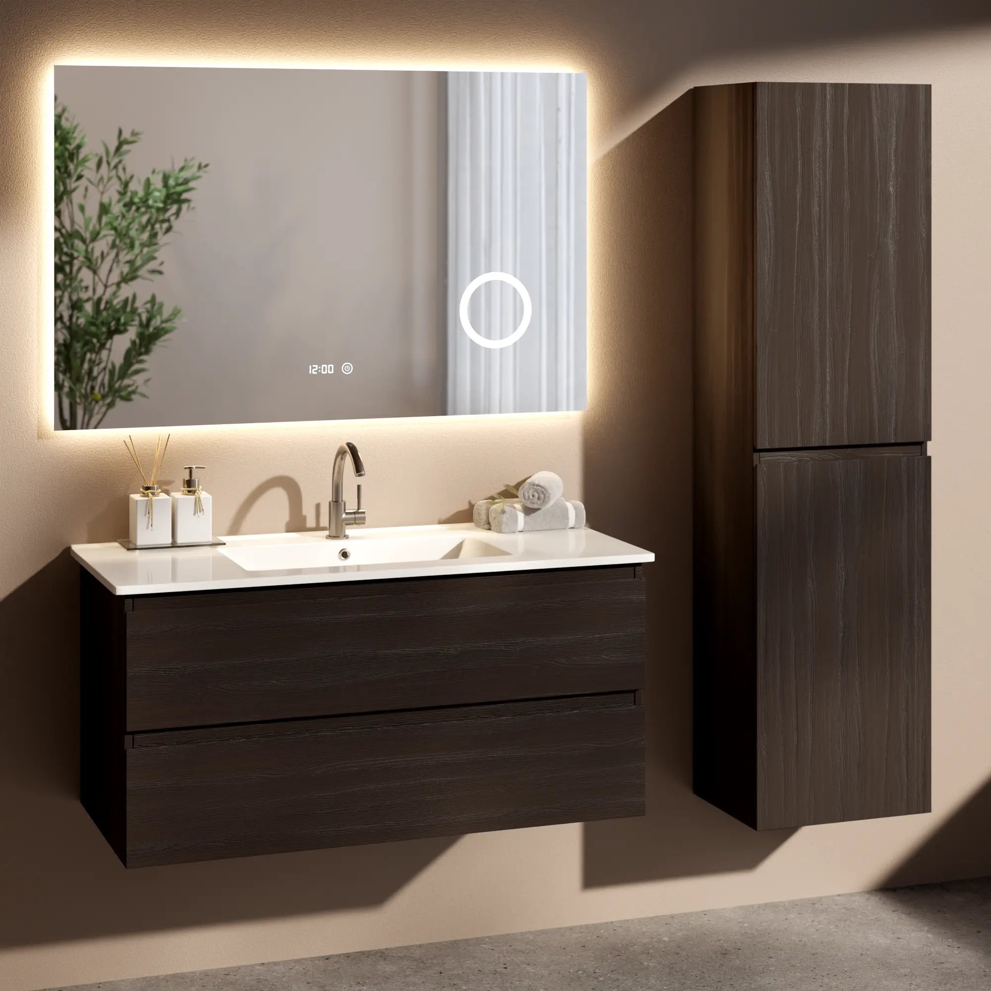 Meuble de salle de bain Varo - 100 cm - Noyer - Lavabo blanc - Précommander