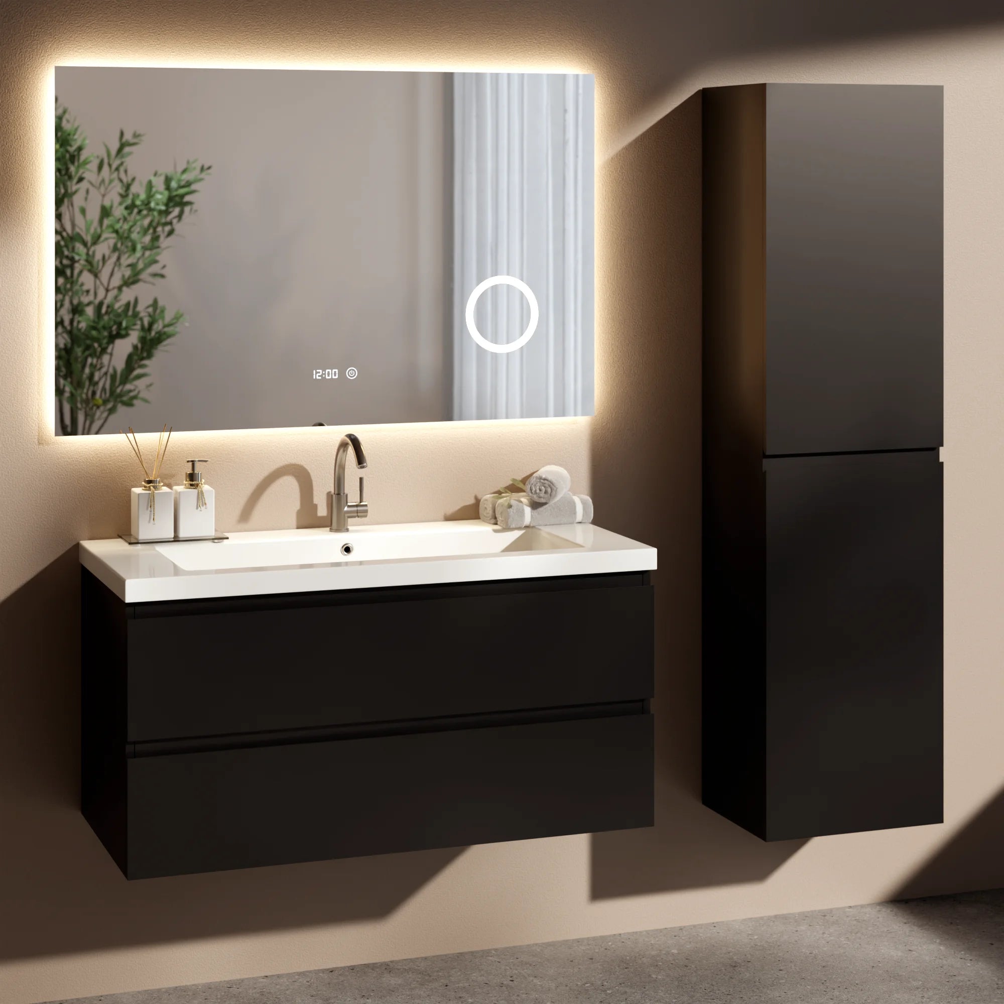 Ensemble meuble vasque Lunaro – 100 cm – Noir Mat – Lavabo Blanc