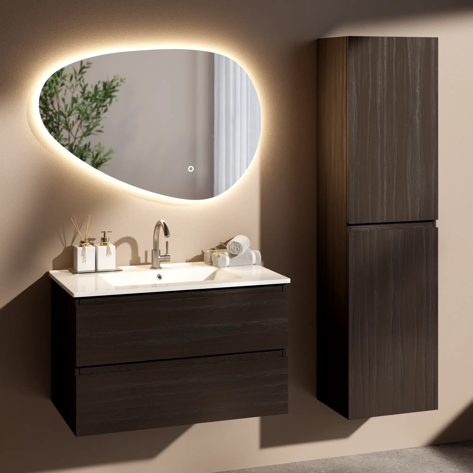Meuble de salle de bain Luma - 80 cm - Noyer - Lavabo blanc - Précommander