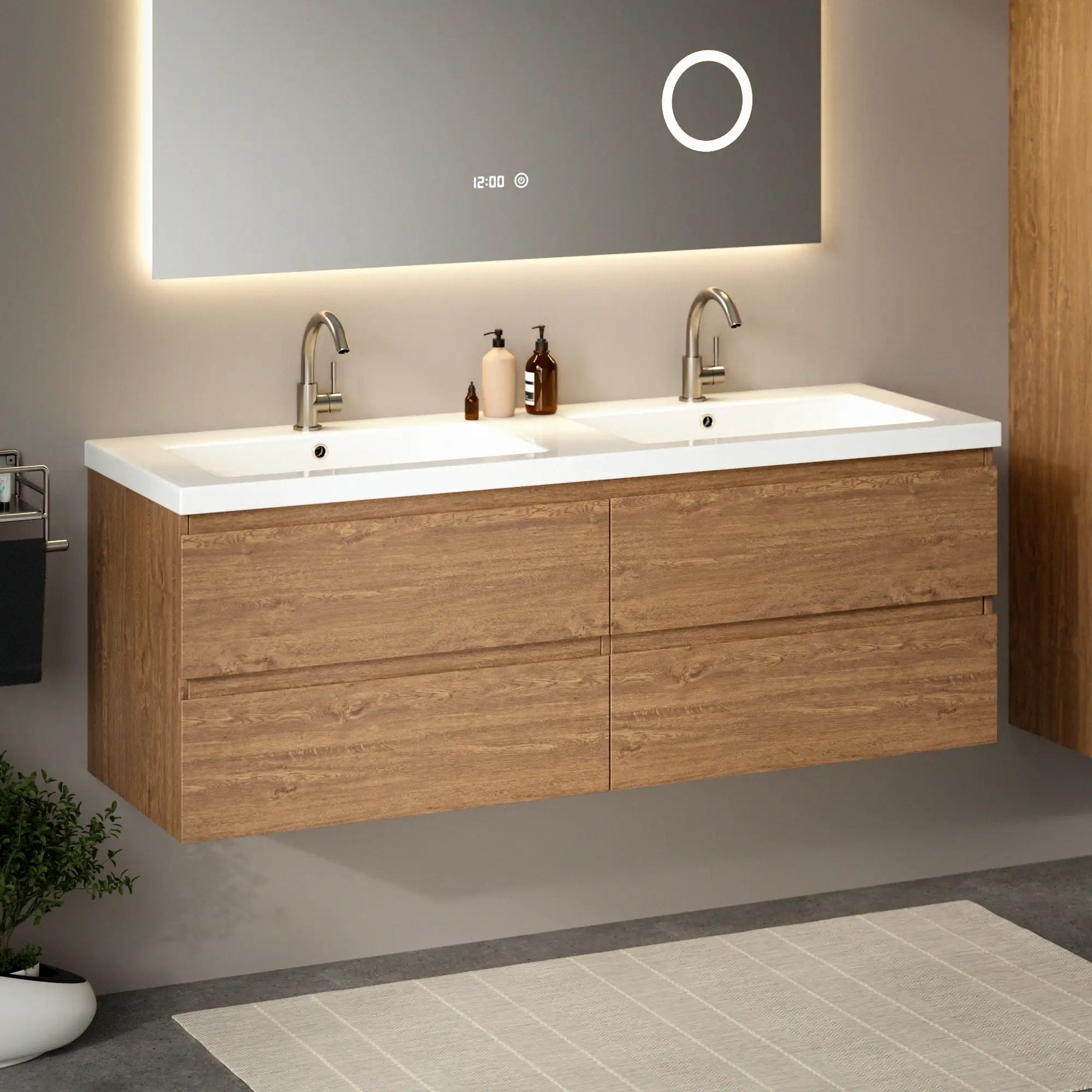 Meuble de salle de bain Arato - 140cm - 2 trous de robinet - chêne chaud - lavabo blanc