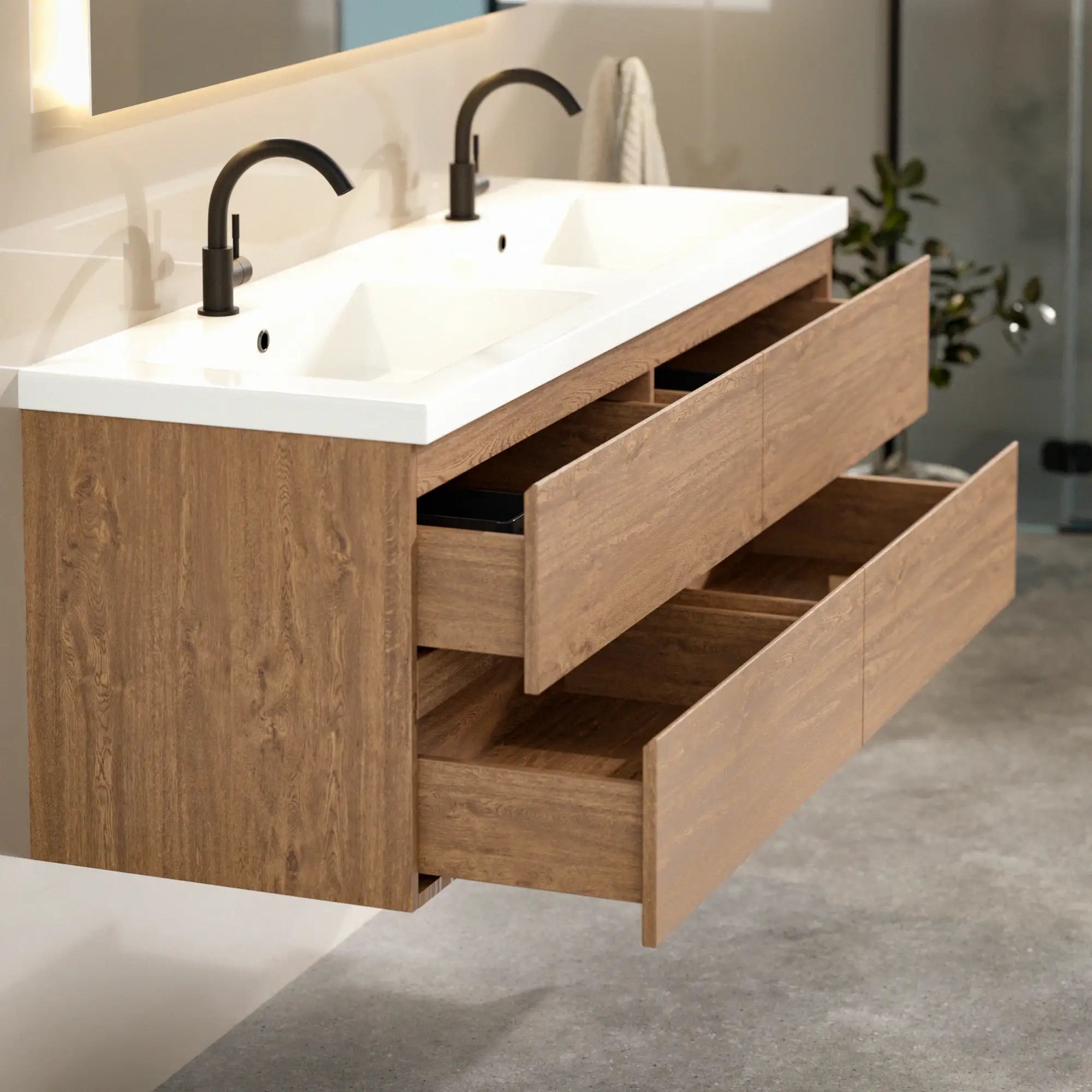 Meuble de salle de bain Arato - 140cm - 2 trous de robinet - chêne chaud - lavabo blanc