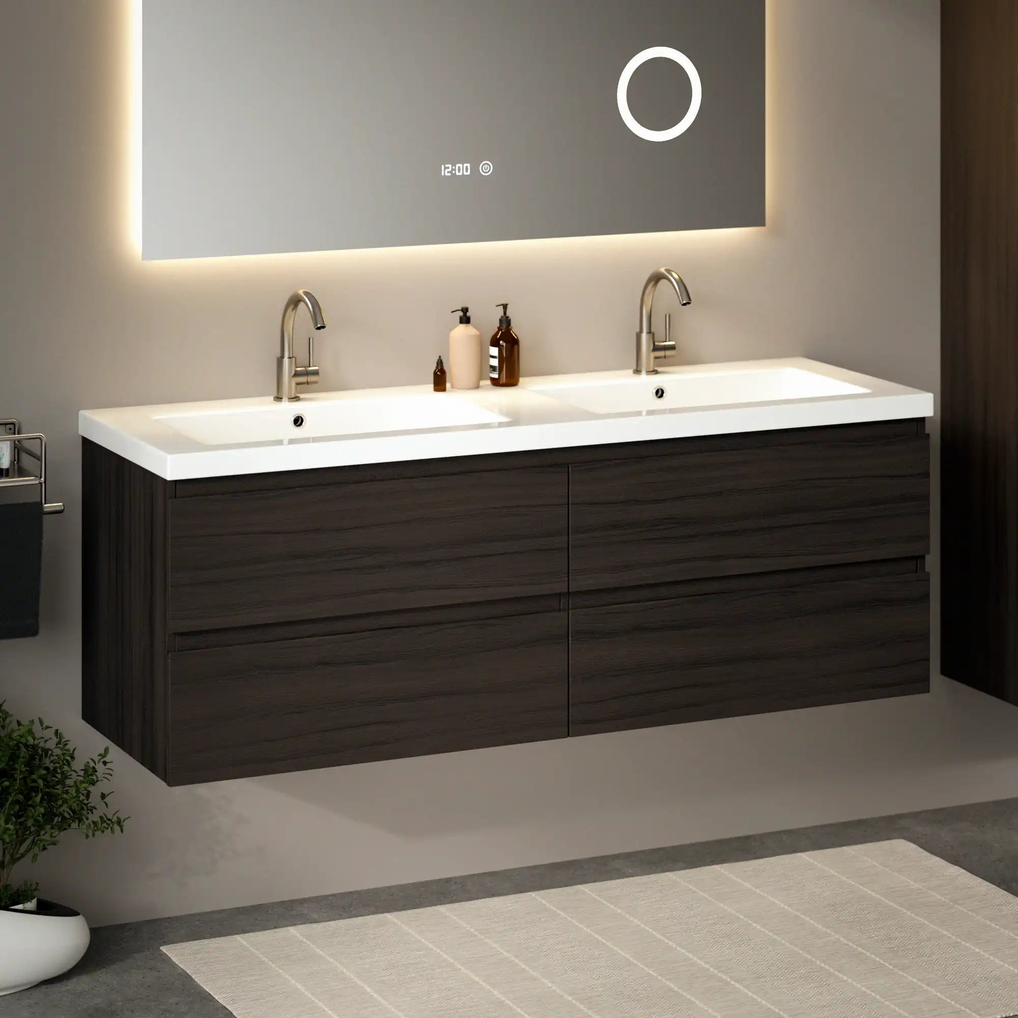 Meuble de salle de bain Arato - 140 cm - Bois noyer - Vasque blanche - Précommander