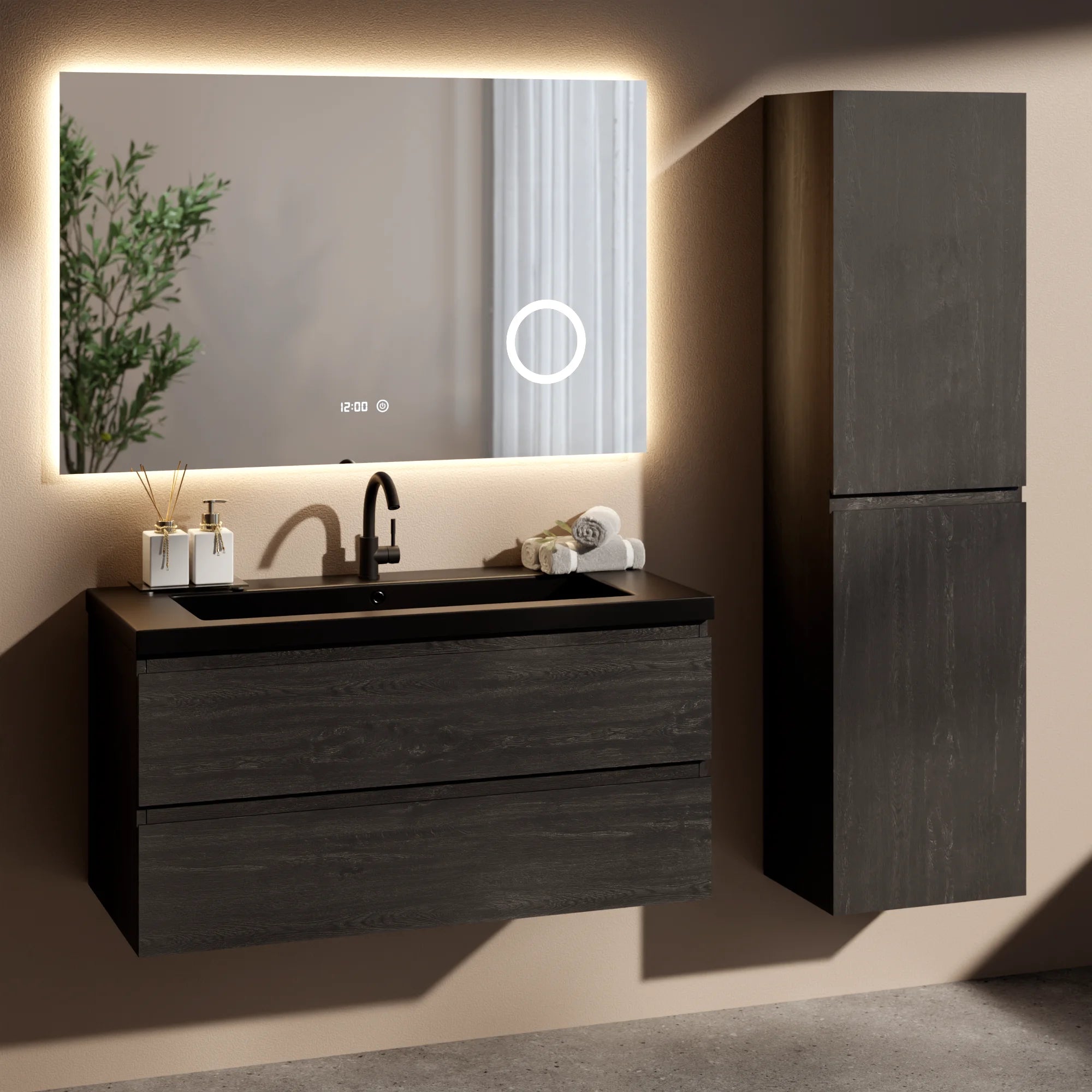 Ensemble meuble vasque Imperial – 100 cm – Chêne Noir – Lavabo Noir