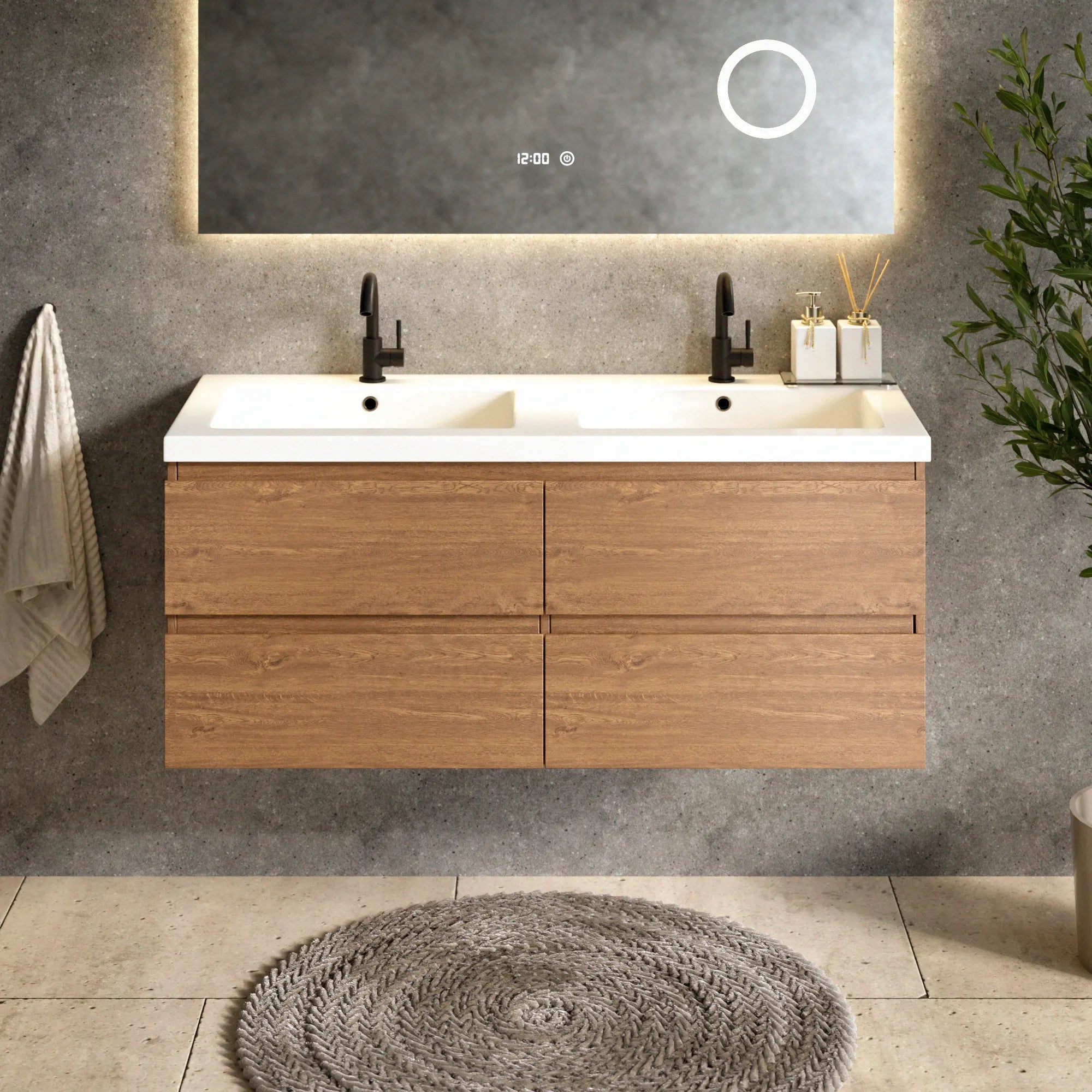 Meuble de salle de bain Asora - 120 cm - 2 trous de robinet - Chêne chaud - Lavabo Blanc - Précommander