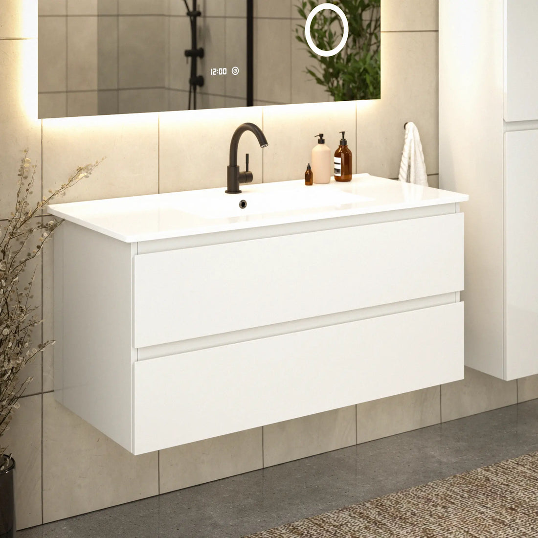 meuble de salle de bain Varo - 100 cm - Blanc - Lavabo Blanc