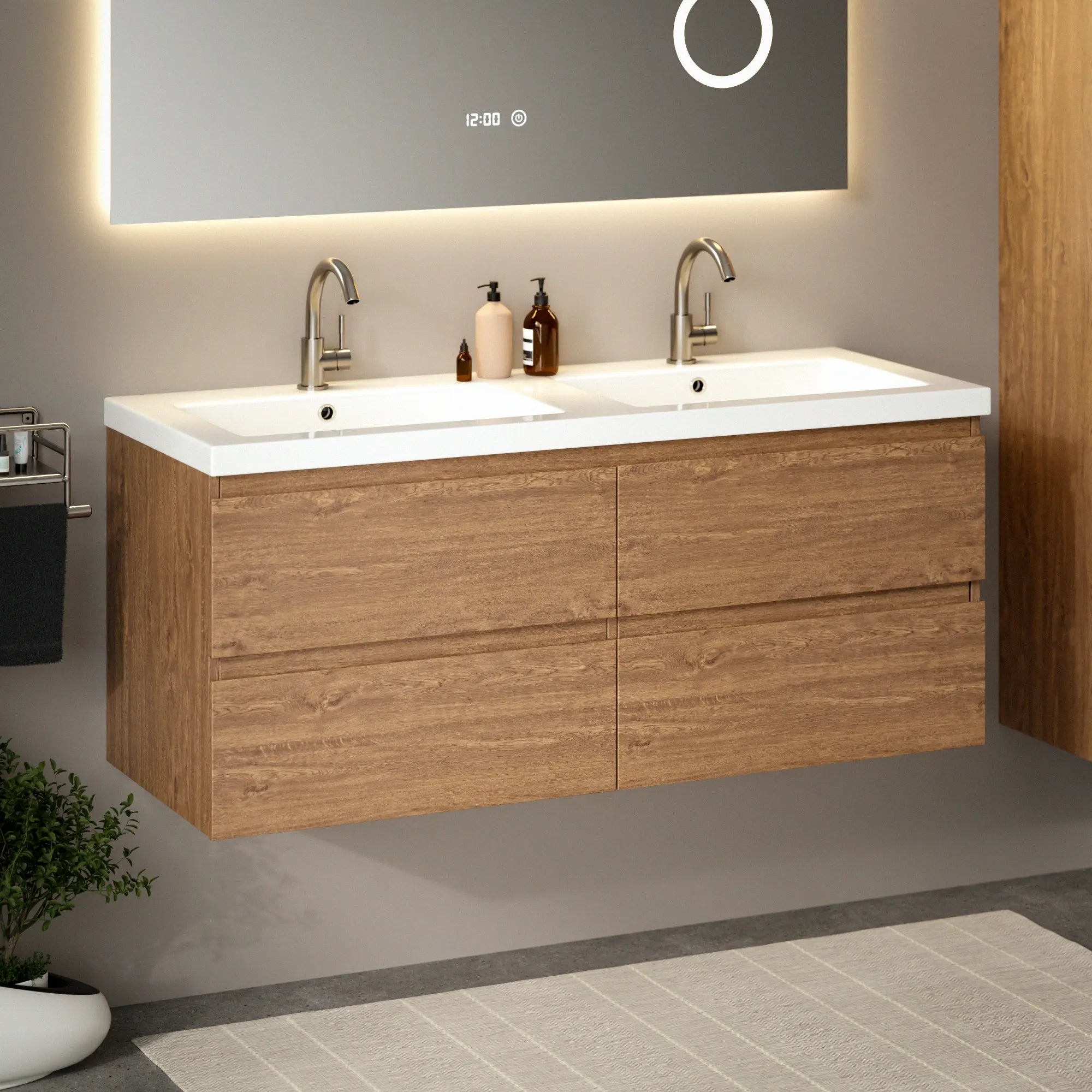 Meuble de salle de bain Asora - 120 cm - 2 trous de robinet - Chêne chaud - Lavabo Blanc - Précommander