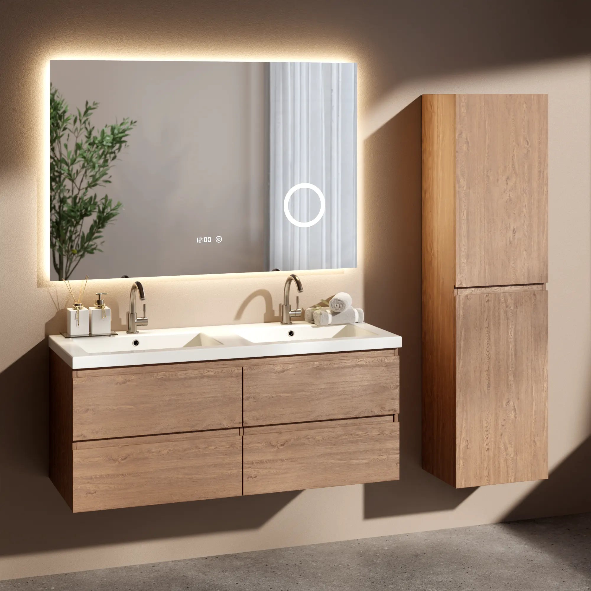 Meuble de salle de bain Asora - 120 cm - 2 trous de robinet - Chêne chaud - Lavabo Blanc