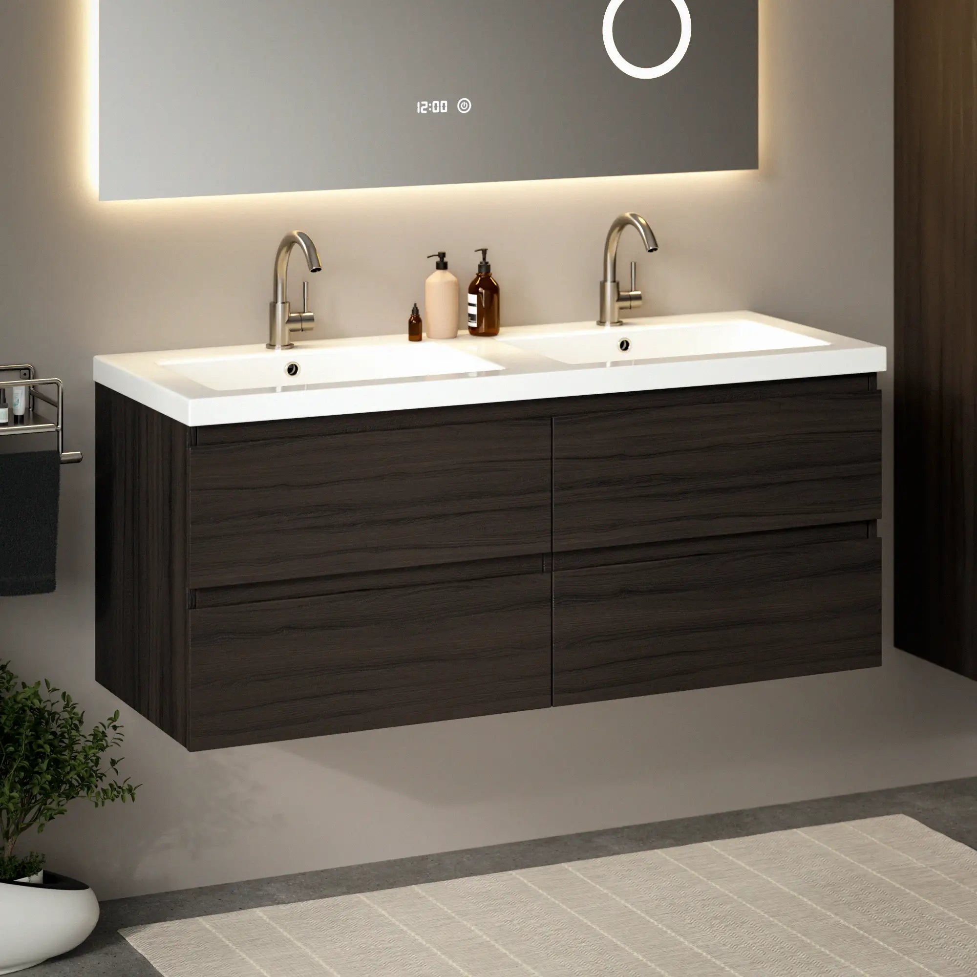Meuble de salle de bain Asora - 120 cm - Bois de noyer - Plan vasque Blanc - Précommander