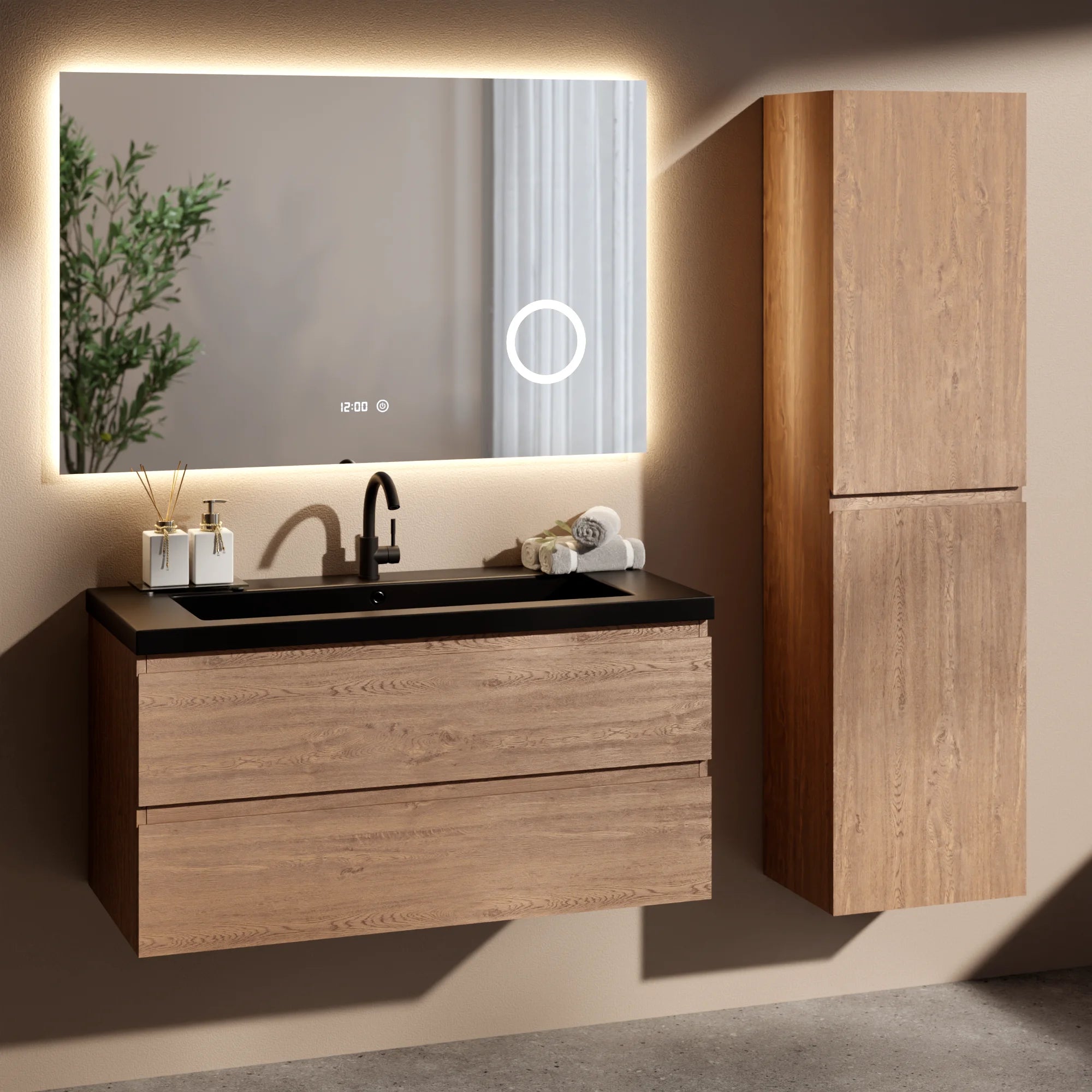 Ensemble meuble vasque Verona – 100 cm – Chêne Chaud – Lavabo Noir - Précommander