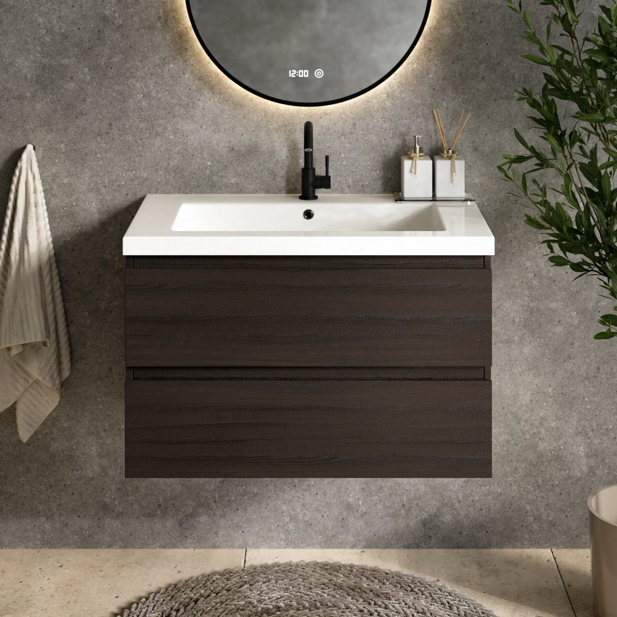 Meuble de salle de bain Sova - 80cm - Bois de noyer - Lavabo Blanc - Précommander