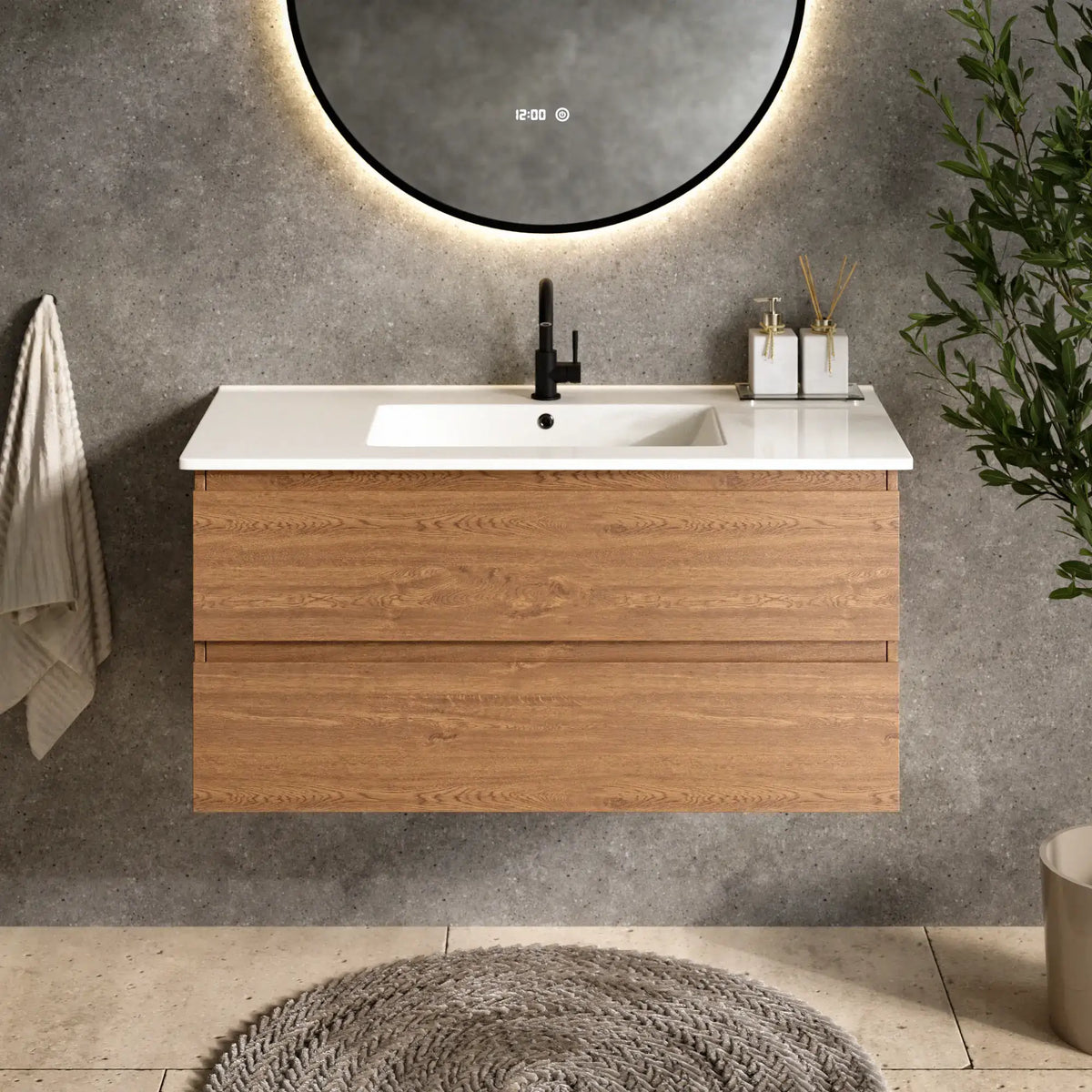 Meuble de salle de bain Varo - 100 cm - Chene chaud - Lavabo Blanc