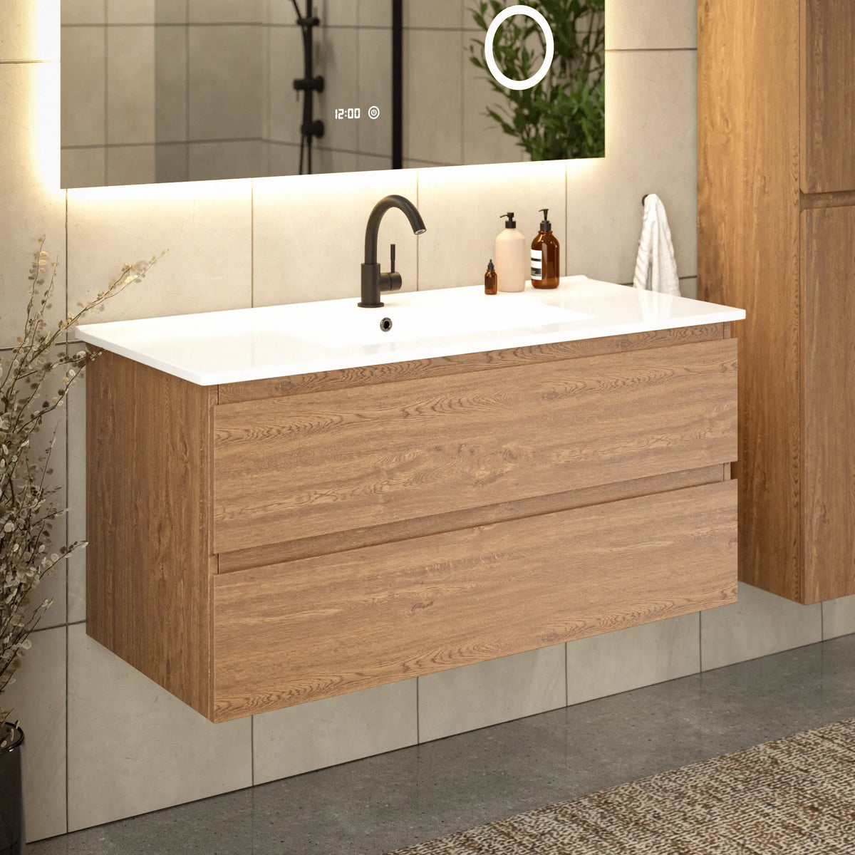 Meuble de salle de bain Varo - 100 cm - Chene chaud - Lavabo Blanc