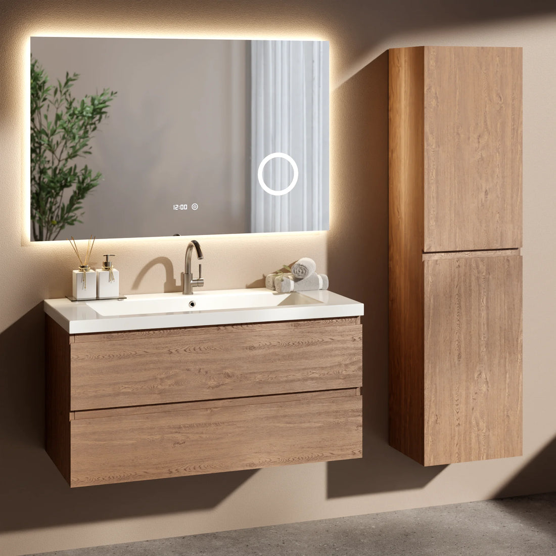 Ensemble de Meubles de salle de bain Valento – 100 cm – Chene Chaud – Lavabo Blanc