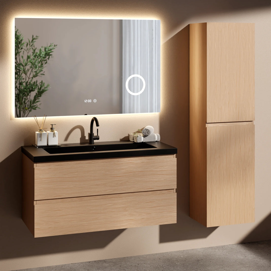 Ensemble de meubles de salle de bain Monaco – 100 cm – Chene Clair – Lavabo Noir