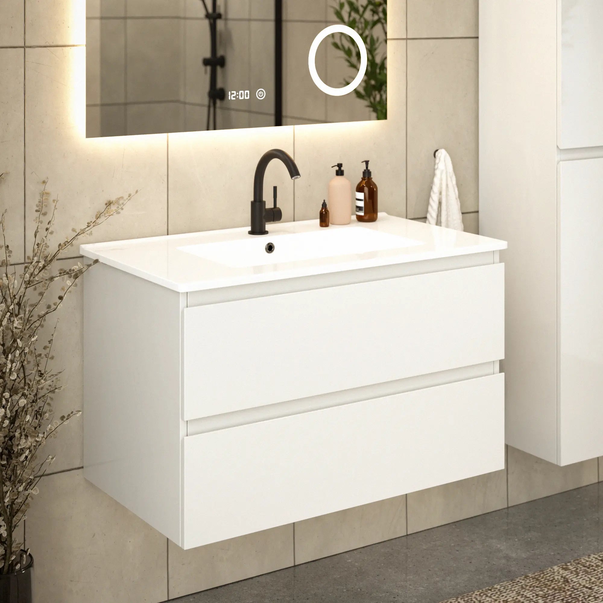 Meuble de salle de bain Luma - 80 cm - Blanc - Lavabo blanc - Précommander