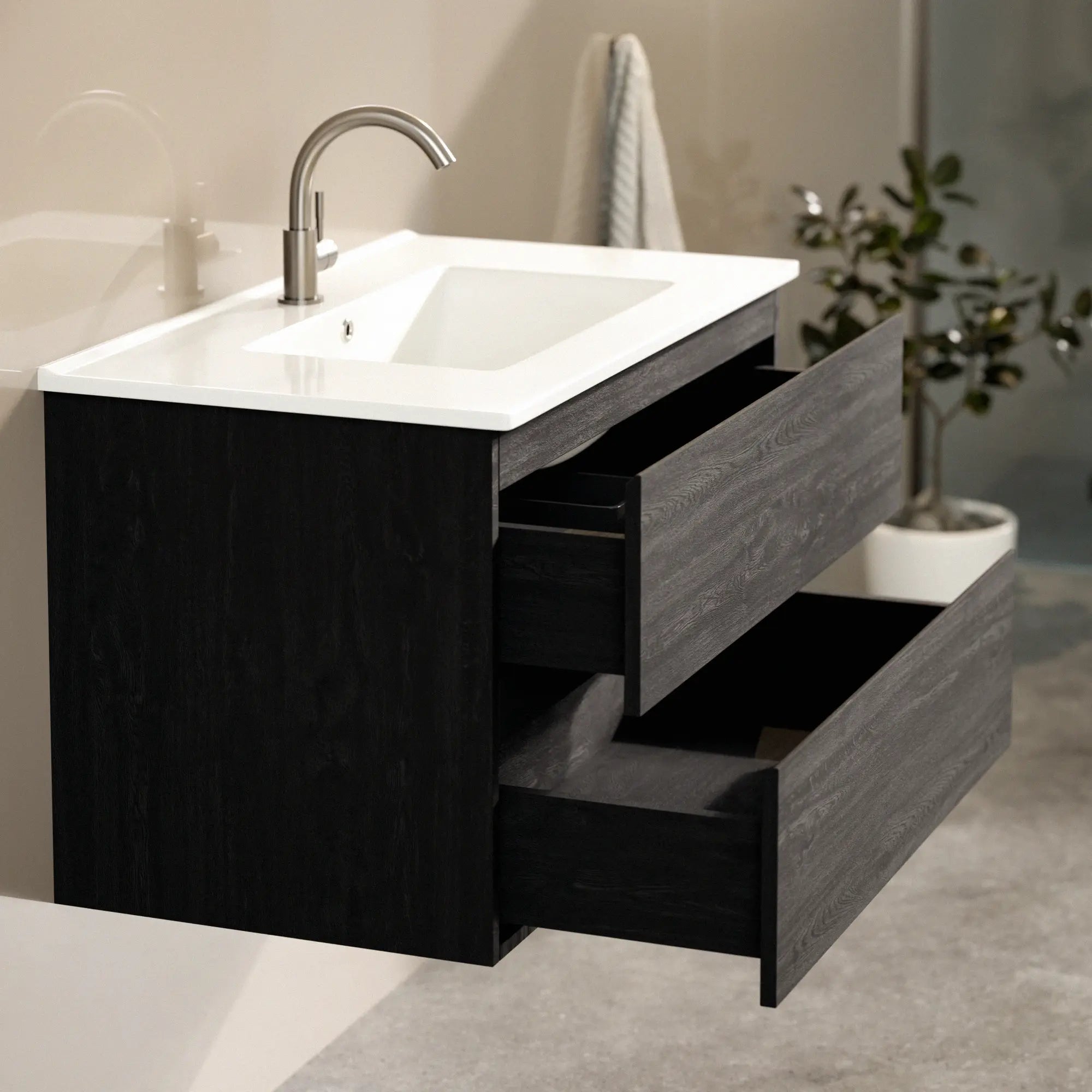 Meuble de salle de bain Luma - 80 cm - Chêne noir - Lavabo blanc - Précommander
