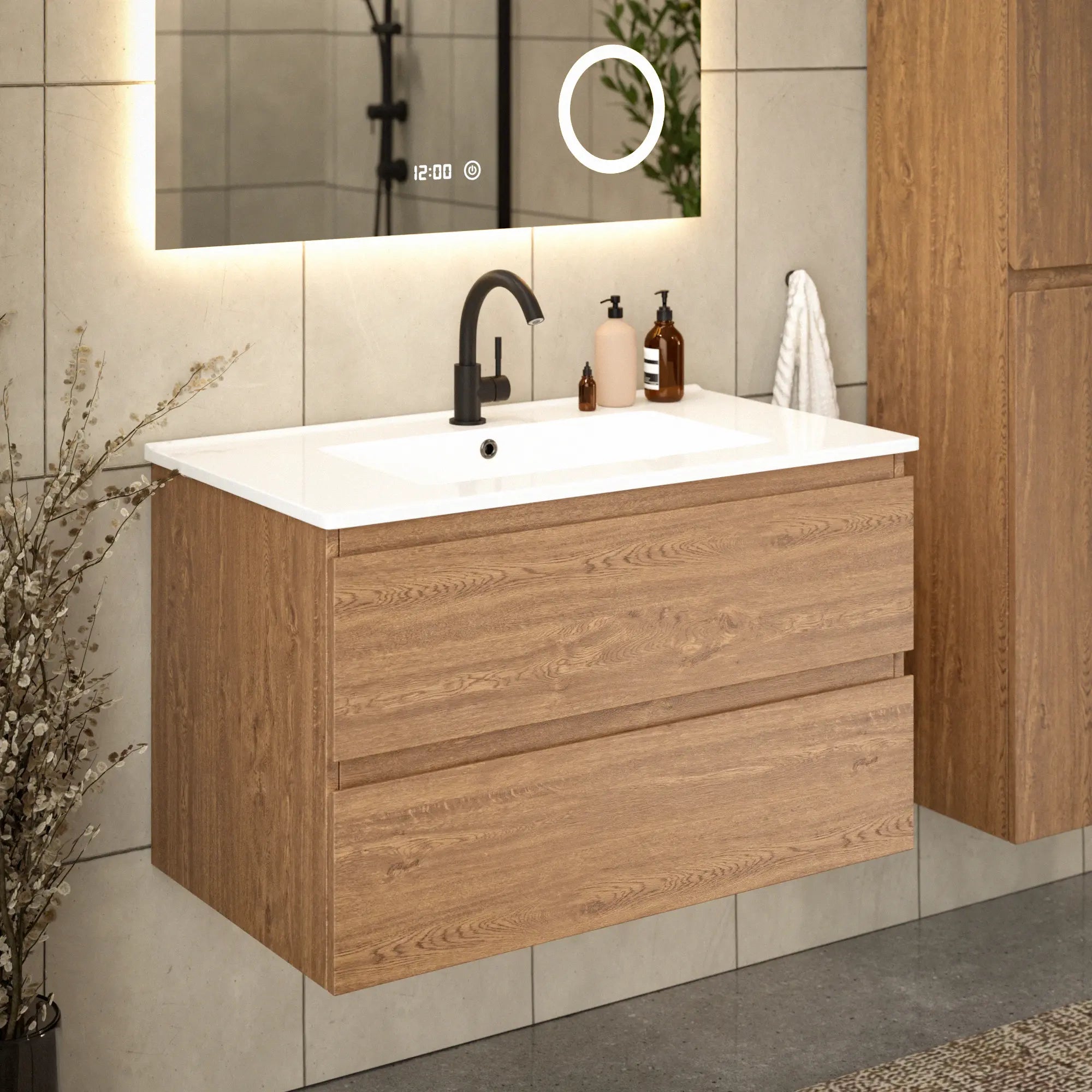 Meuble de salle de bain Luma - 80 cm - Chêne chaud - Lavabo blanc - PRÉCOMMANDE - Précommander