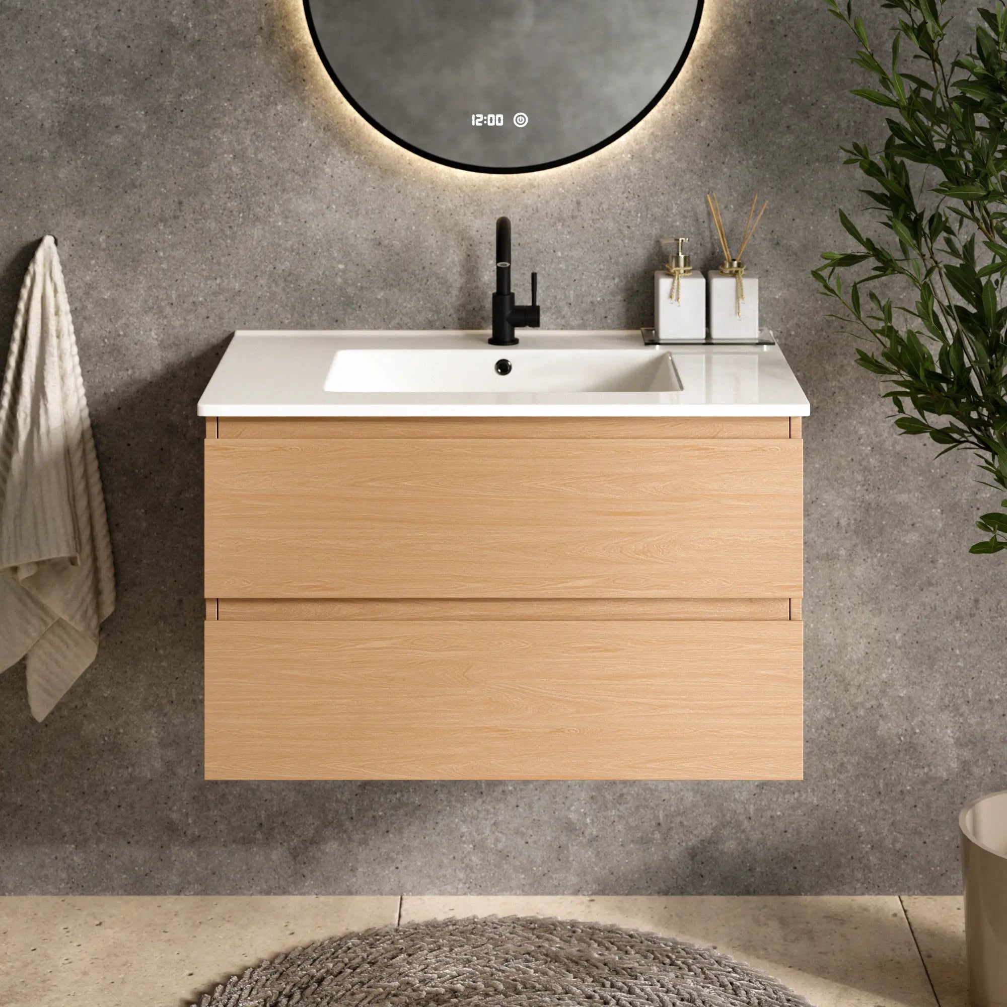 Meuble de salle de bain Luma - 80 cm - Chêne clair - Lavabo blanc - Précommander