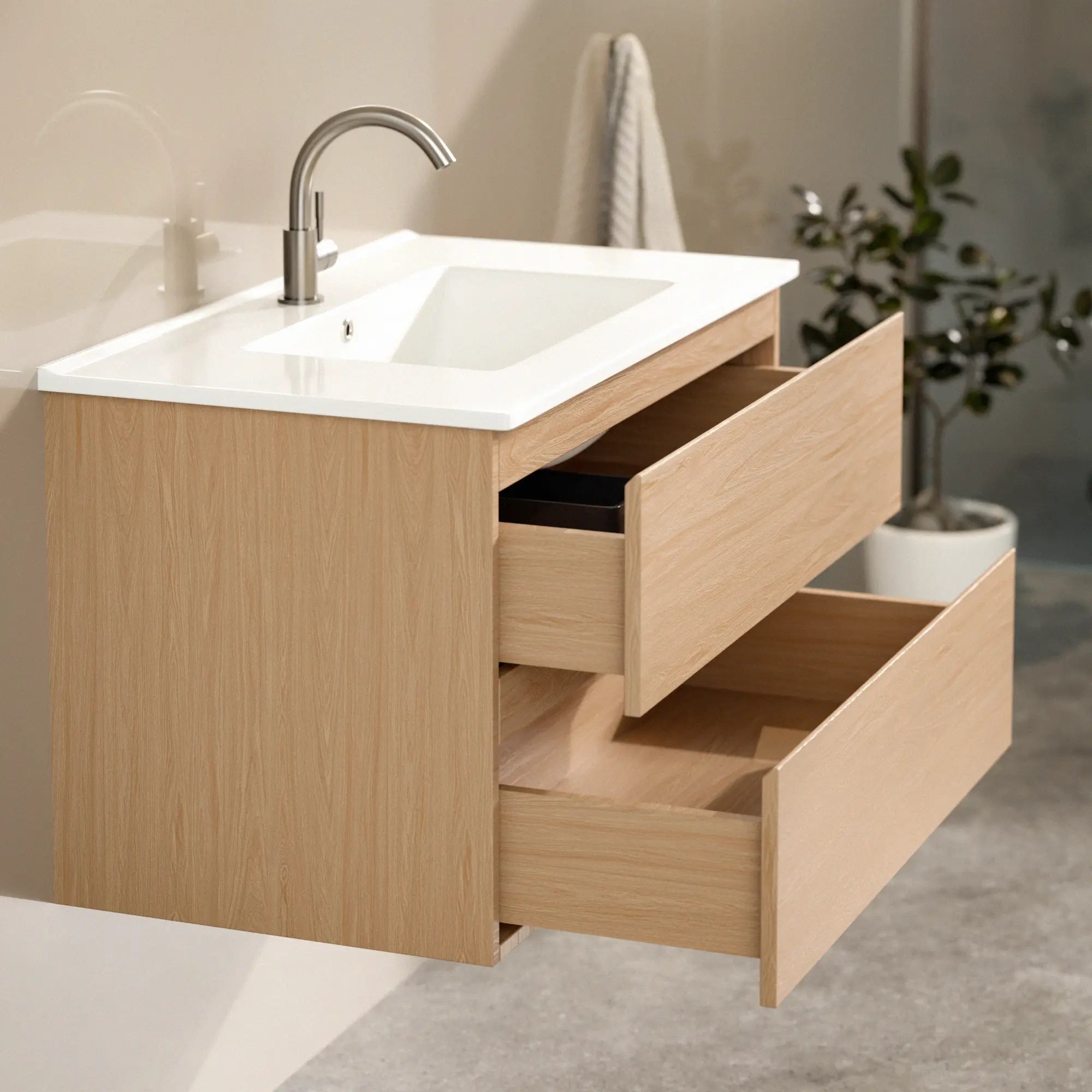 Meuble de salle de bain Luma - 80 cm - Chêne clair - Lavabo blanc - Précommander