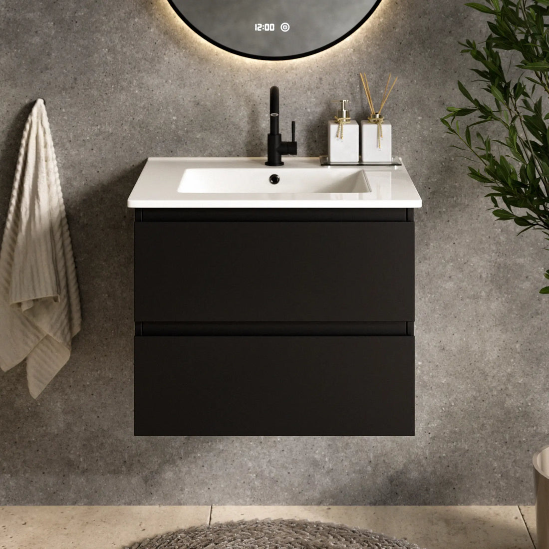 Meuble de salle de bain Norvi - 60 cm - Noir - Lavabo Blanc