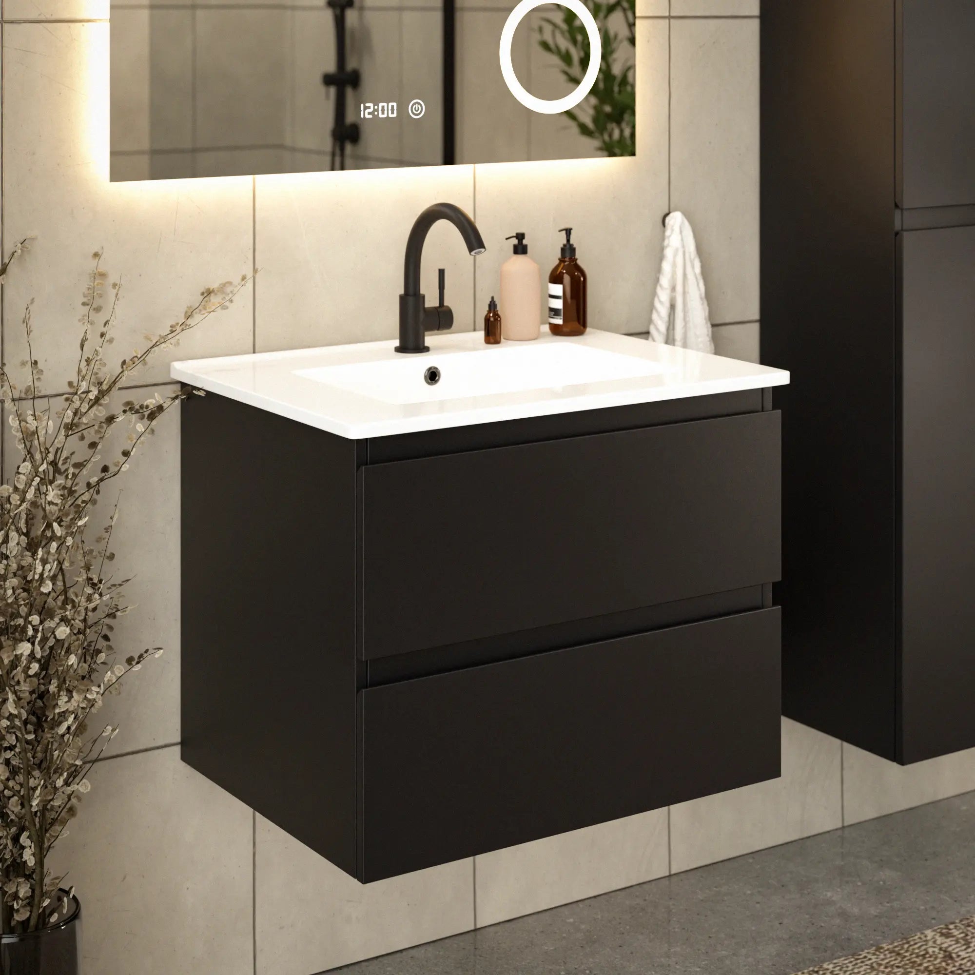 Meuble de salle de bain Norvi - 60 cm - Noir - Lavabo blanc - Précommander