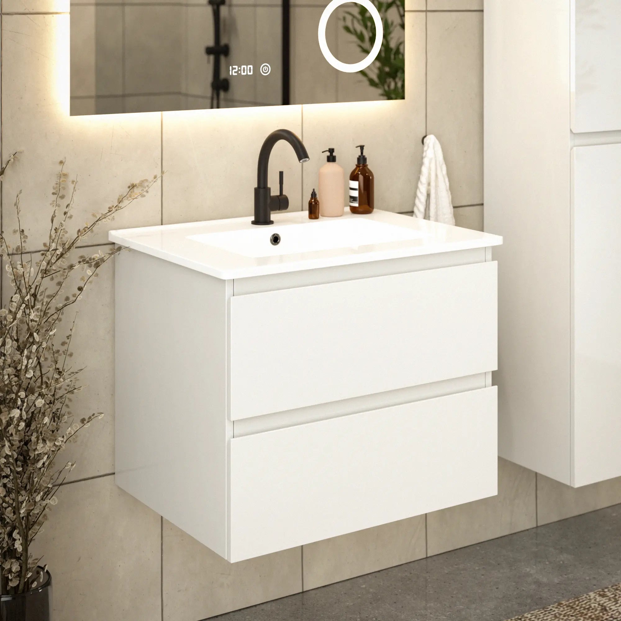 Meuble de salle de bain Norvi - 60 cm - Blanc - Lavabo blanc - PRÉCOMMANDE - Précommander