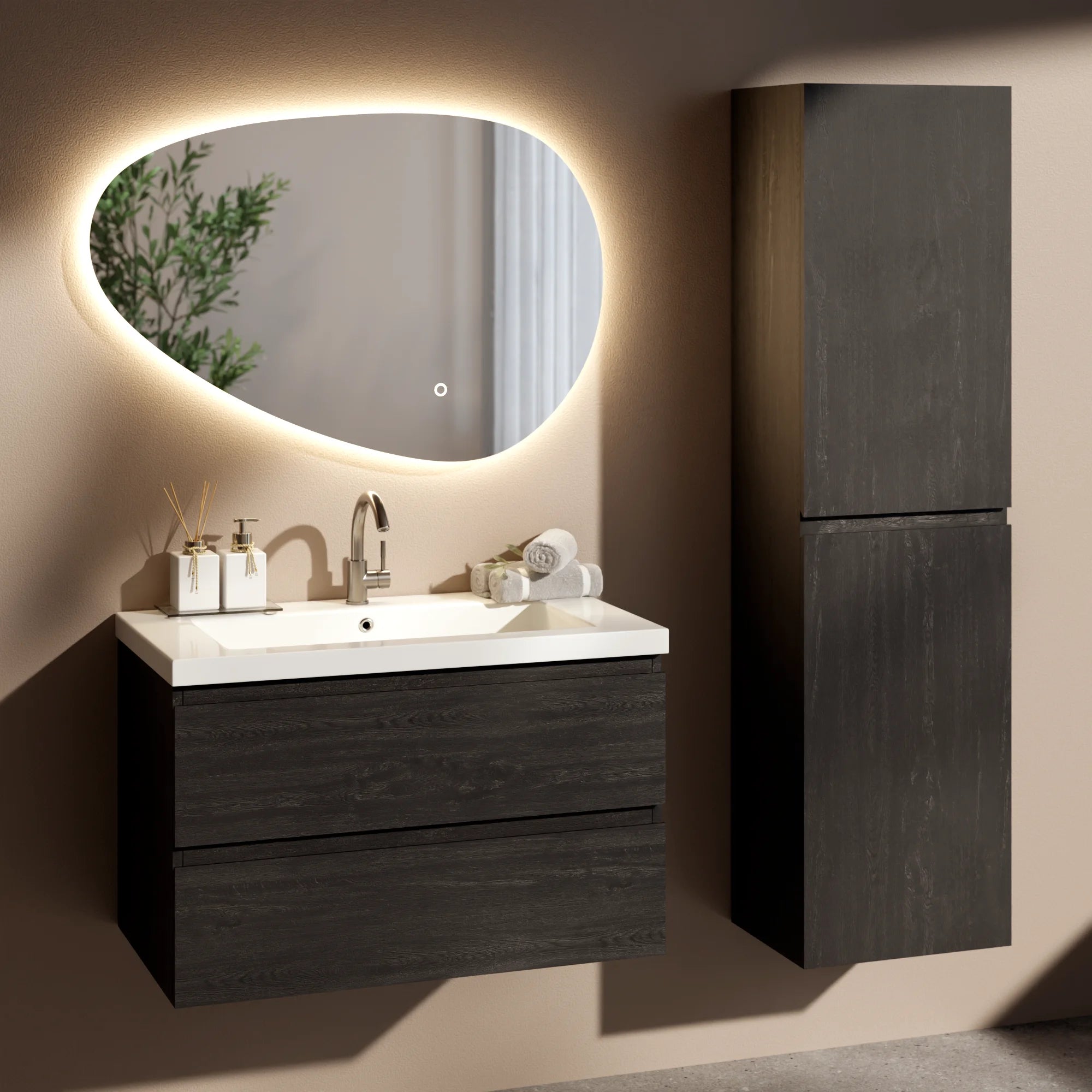 Ensemble meuble vasque Montero – 80 cm – Chêne Noir – Lavabo Blanc