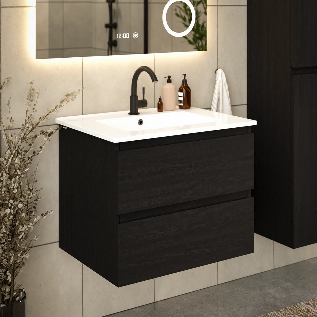 Meuble de salle de bain Norvi - 60 cm - Chene Noir - Lavabo Blanc