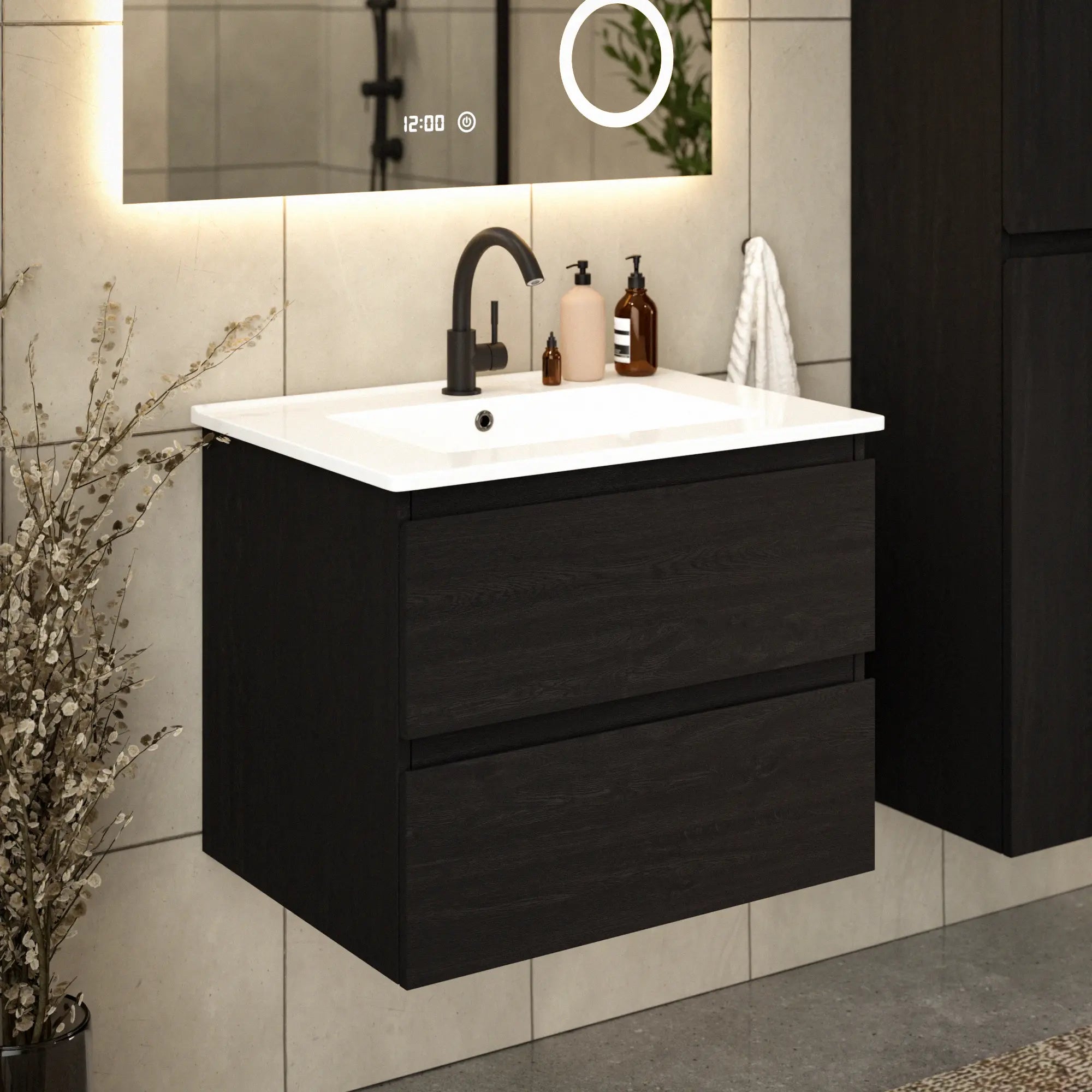 Meuble de salle de bain Norvi - 60 cm - chêne noir - lavabo blanc - Précommander