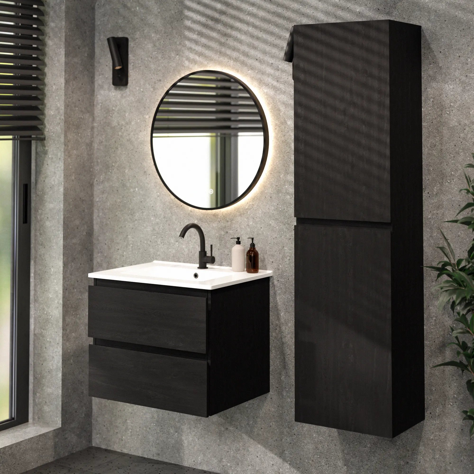 Meuble de salle de bain Norvi - 60 cm - chêne noir - lavabo blanc - Précommander