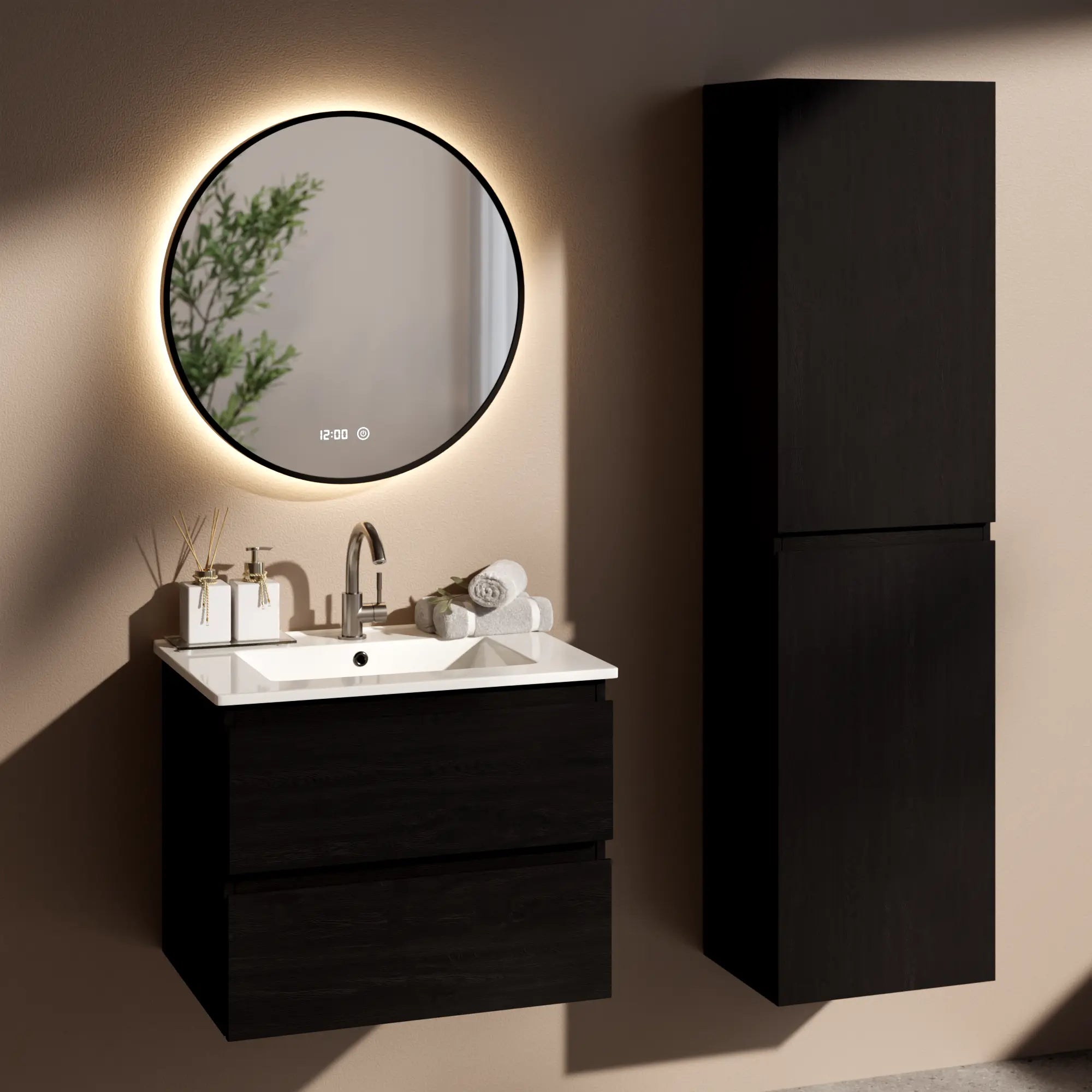 Meuble de salle de bain Norvi - 60 cm - chêne noir - lavabo blanc - Précommander