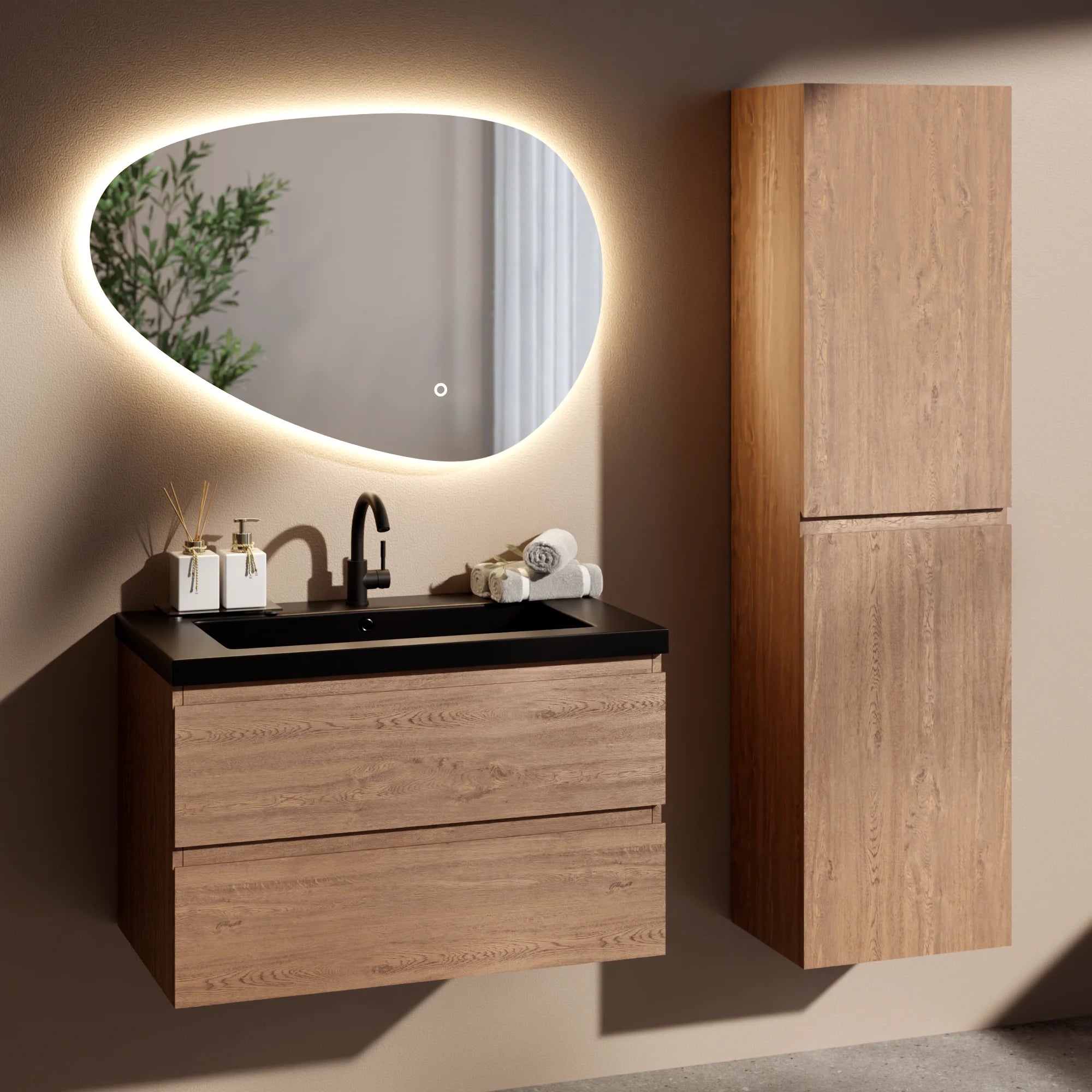 Ensemble meuble vasque Verona – 80 cm – Chêne Chaud – Lavabo Noir