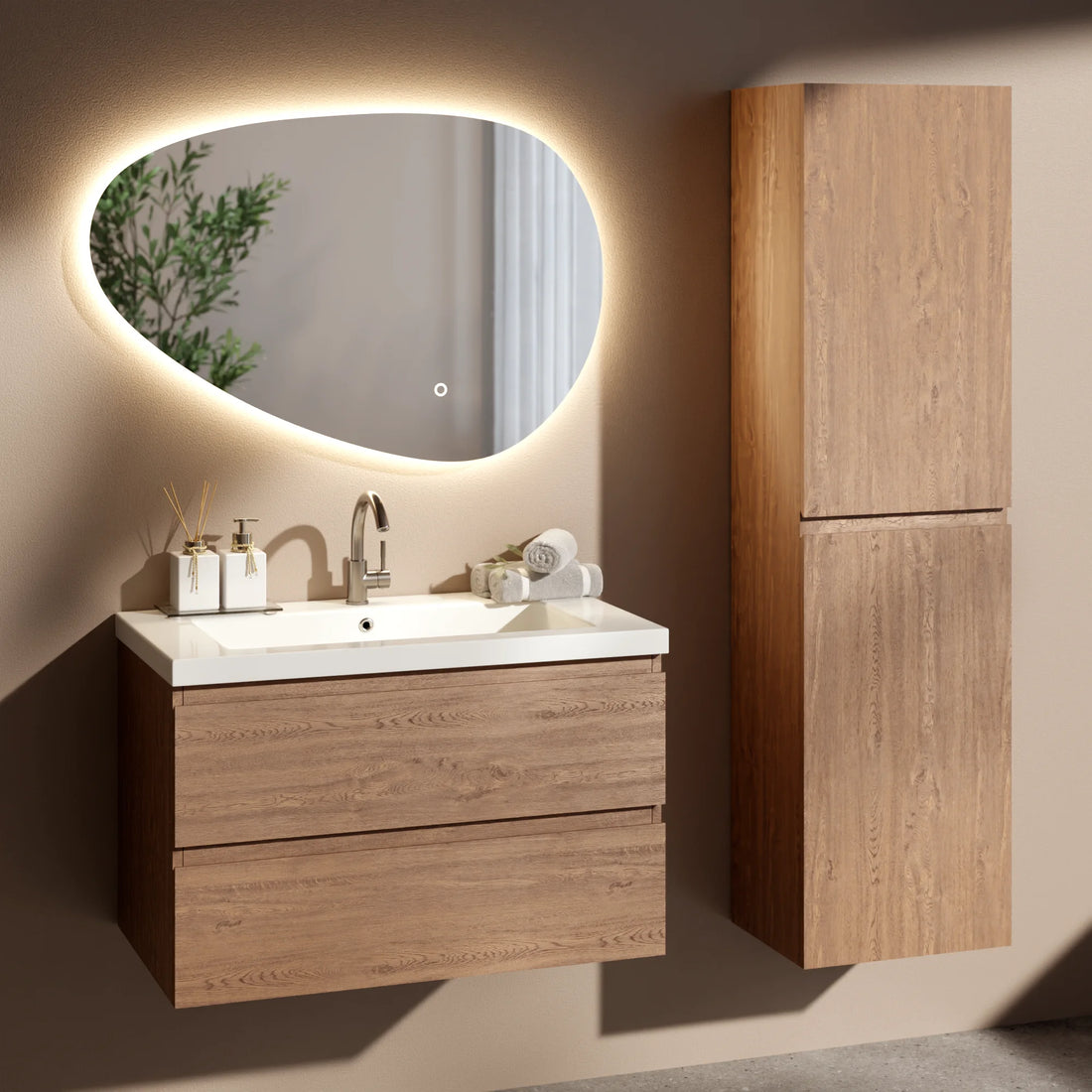 Ensemble de Meubles de salle de bain Valento – 80 cm – Chene Chaud – Lavabo Blanc