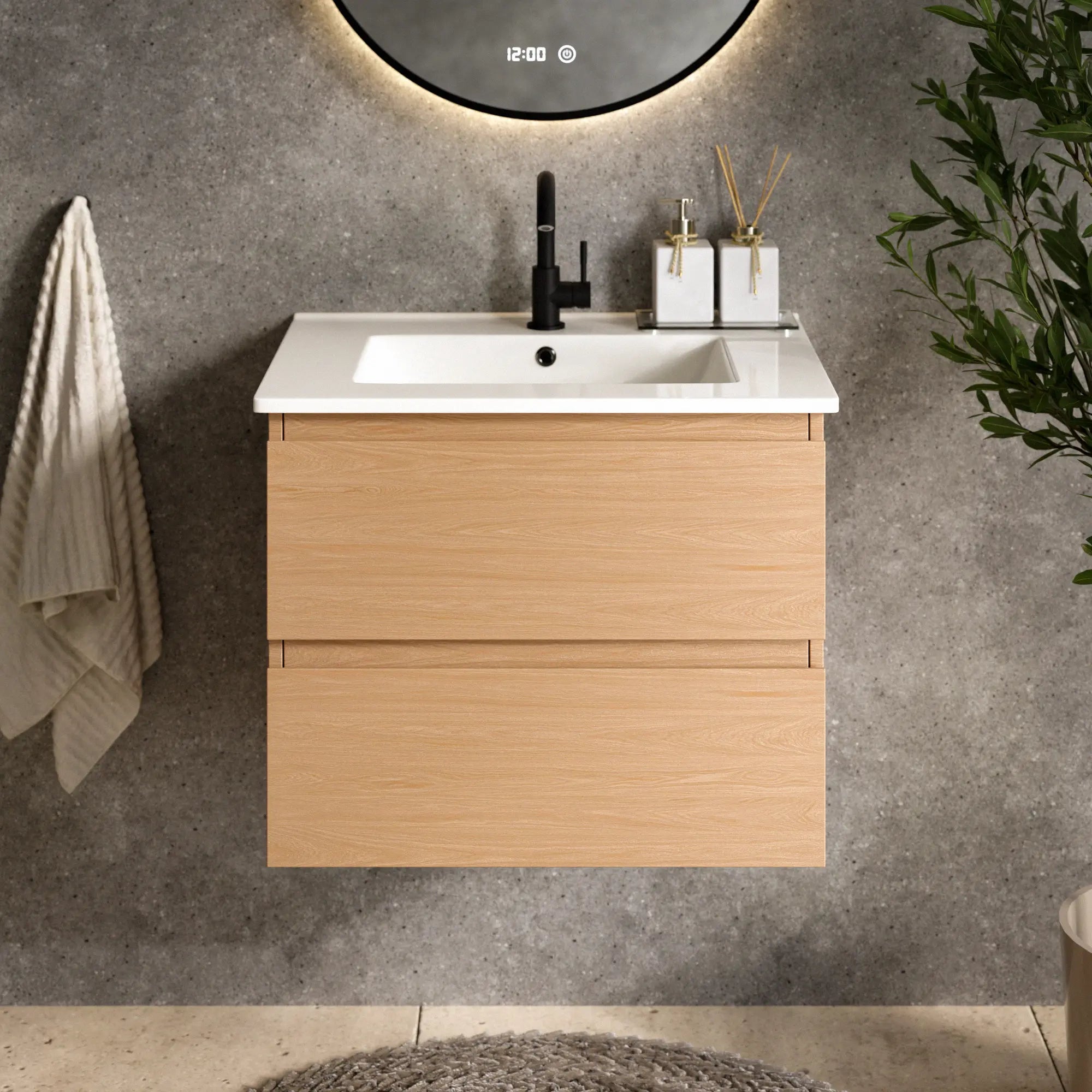 Meuble de salle de bain Norvi - 60 cm - Chêne clair - Lavabo blanc - PRÉCOMMANDE - Précommander