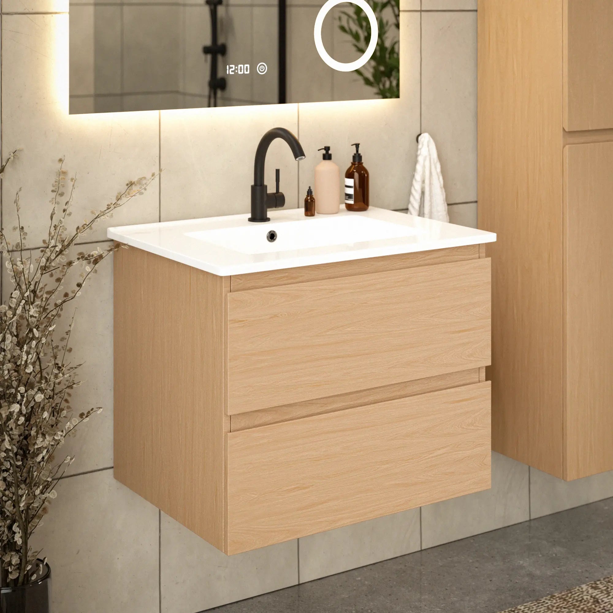 Meuble de salle de bain Norvi - 60 cm - Chêne clair - Lavabo blanc - PRÉCOMMANDE - Précommander