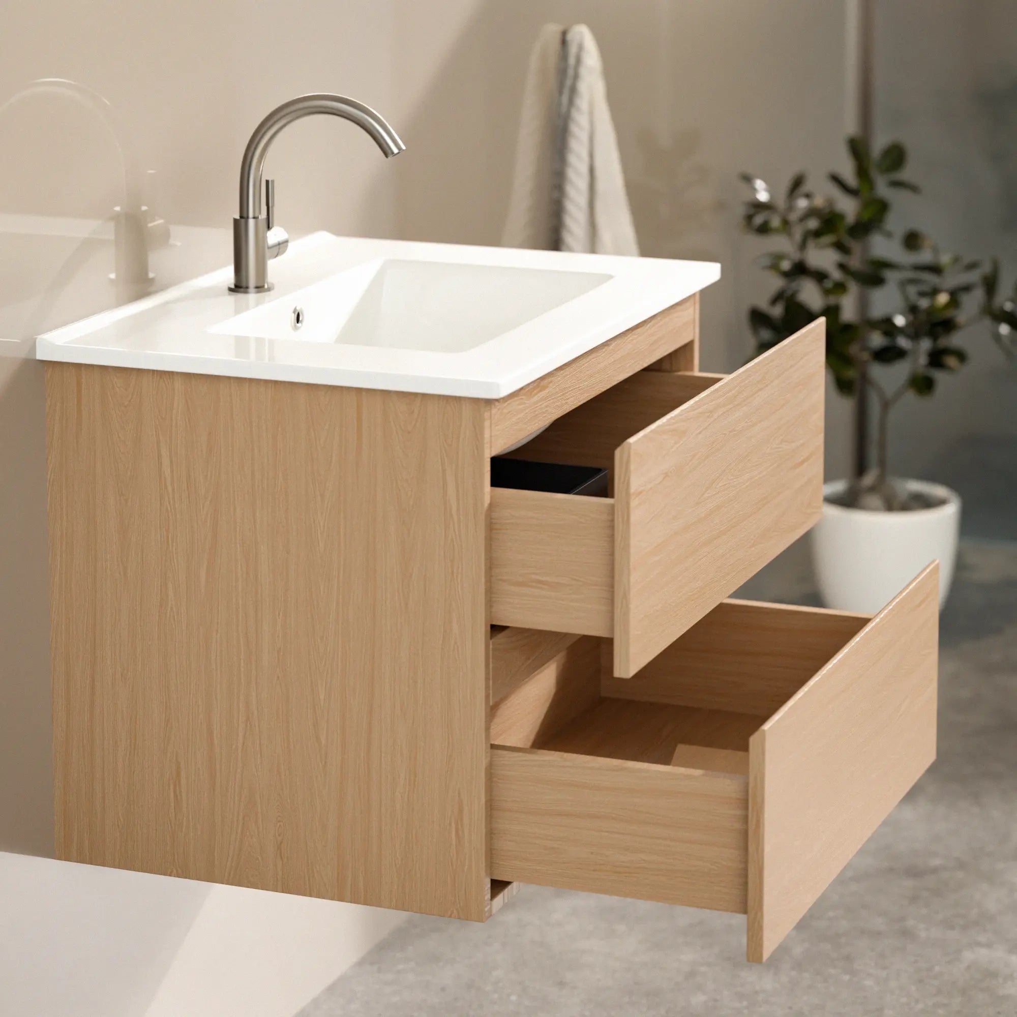 Meuble de salle de bain Norvi - 60 cm - Chêne clair - Lavabo blanc - PRÉCOMMANDE - Précommander