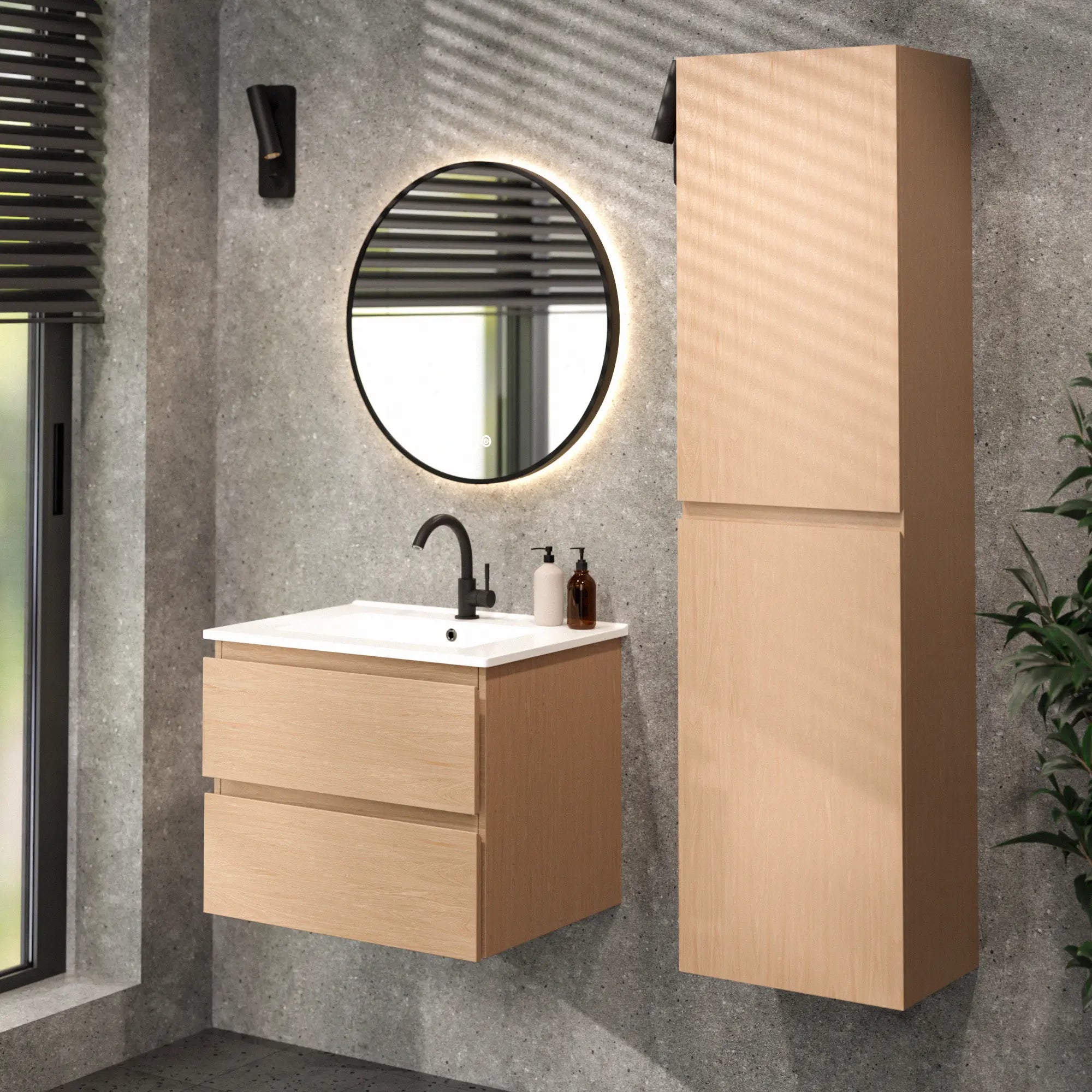 Meuble de salle de bain Norvi - 60 cm - Chêne clair - Lavabo blanc - PRÉCOMMANDE - Précommander