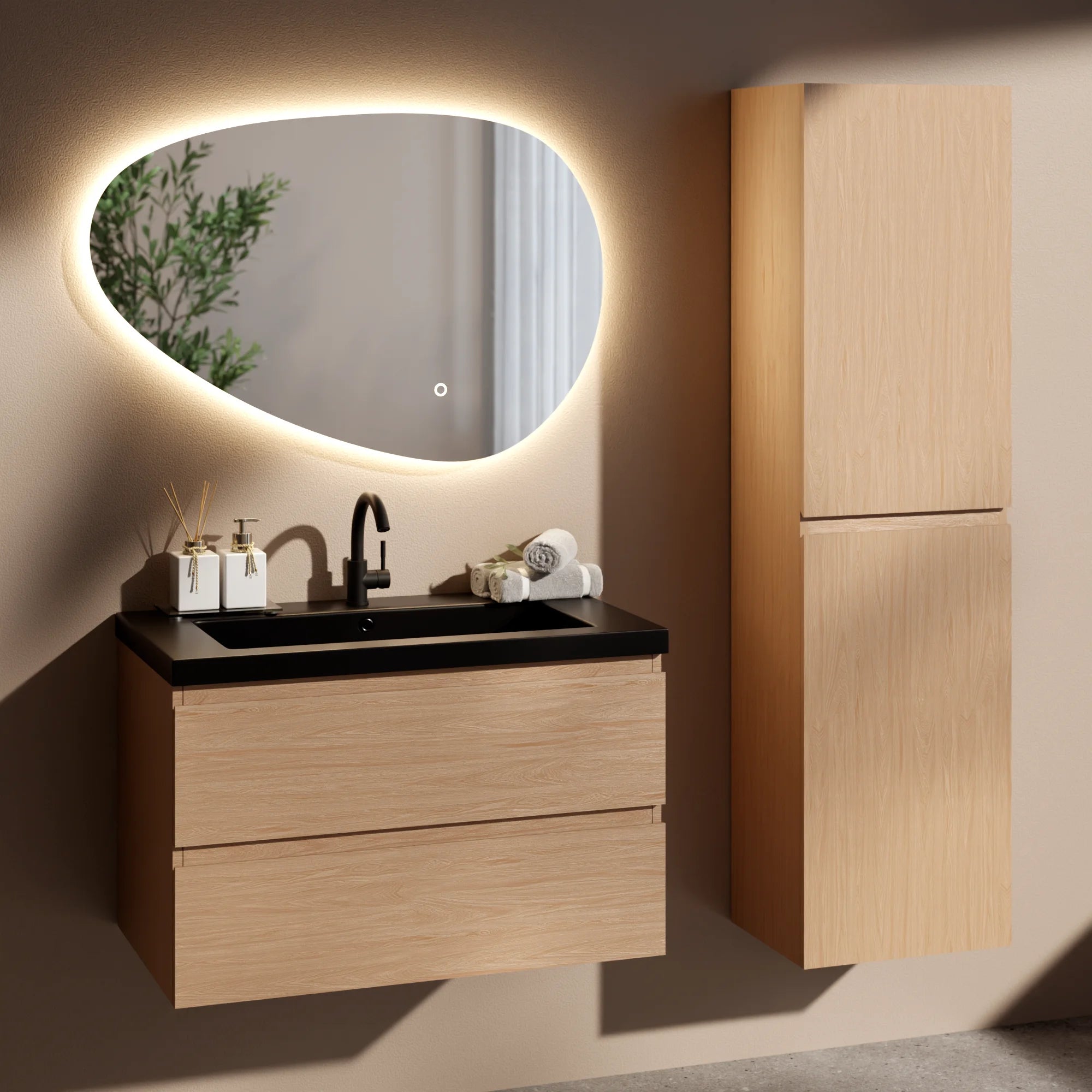 Ensemble meuble vasque Monaco – 80 cm – Chêne Clair – Lavabo Noir