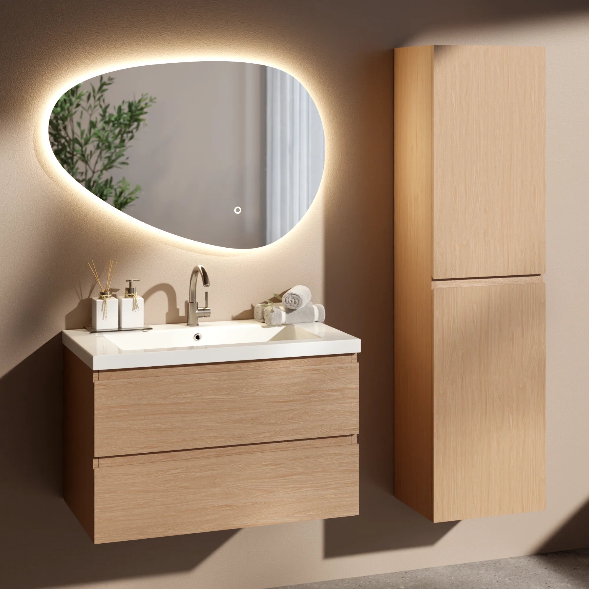 Ensemble meuble vasque Amara – 80 cm – Chêne Clair – Lavabo Blanc