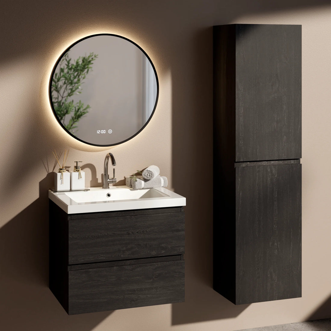 Ensemble de Meubles de salle de bain Virello – 60 cm – Chene Noir – Lavabo Blanc