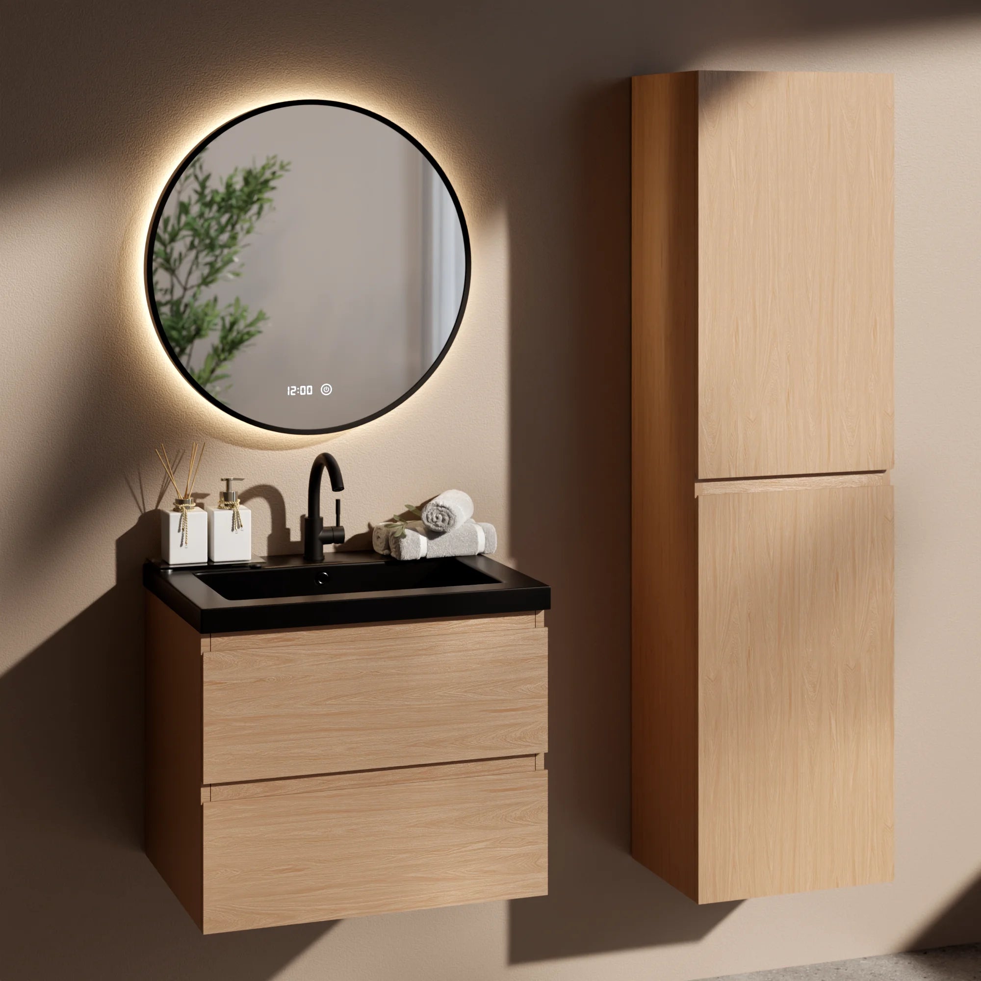 Ensemble meuble vasque Monaco – 60 cm – Chêne Clair – Lavabo Noir