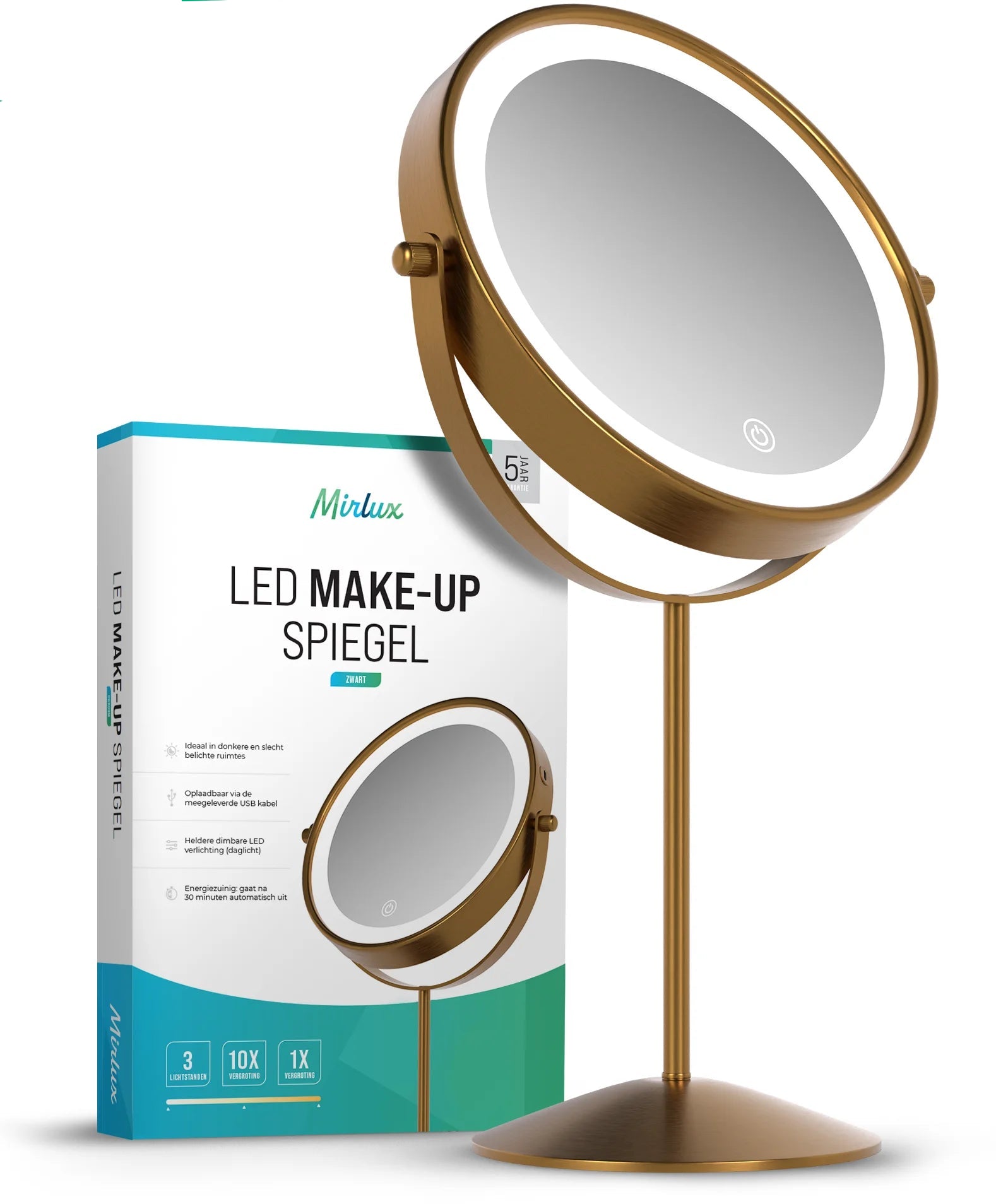 Miroir de maquillage - Rechargeable - Or - Grossissement 1-10x