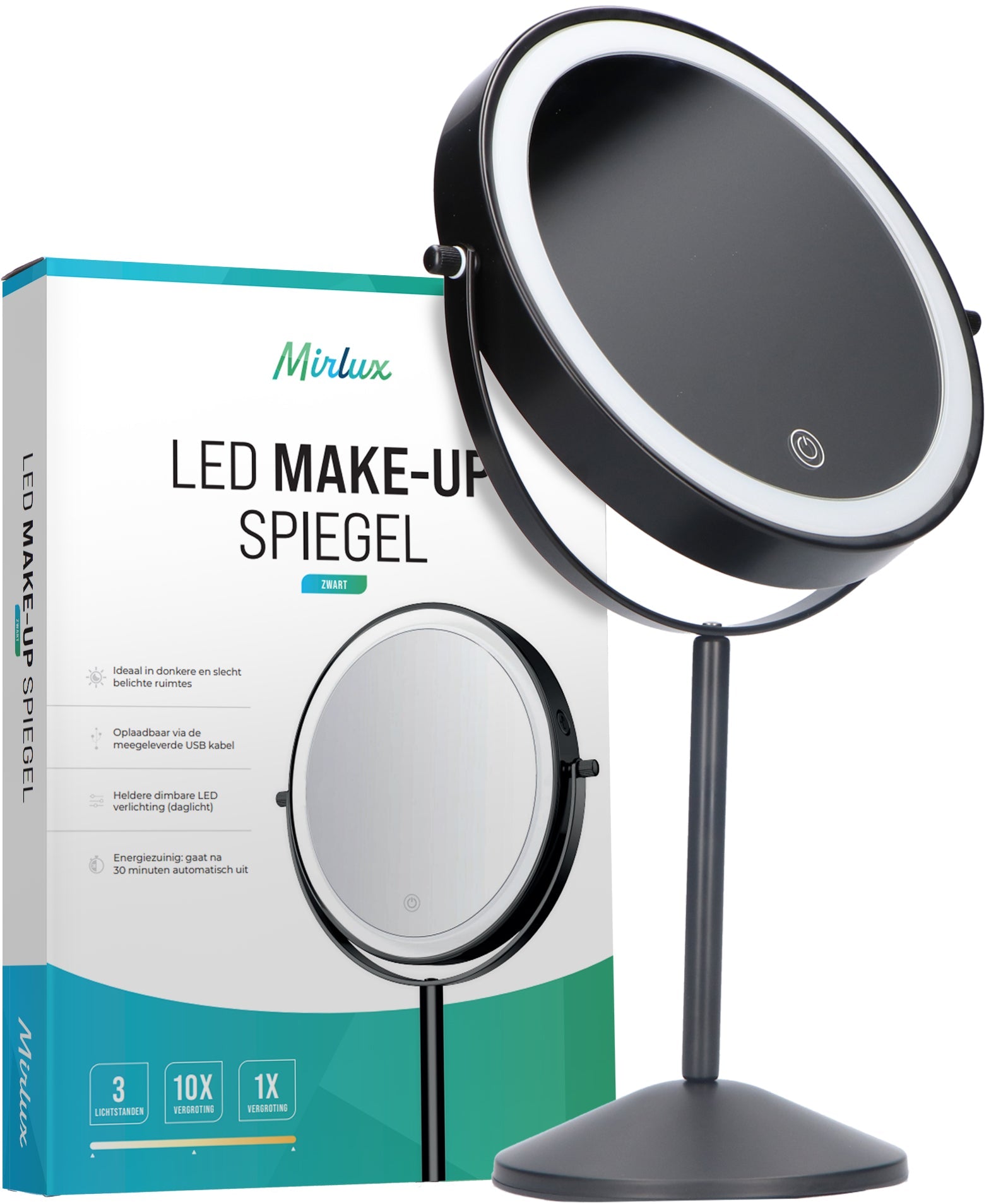 Miroir de maquillage - Rechargeable - Noir - Grossissement 1-10x