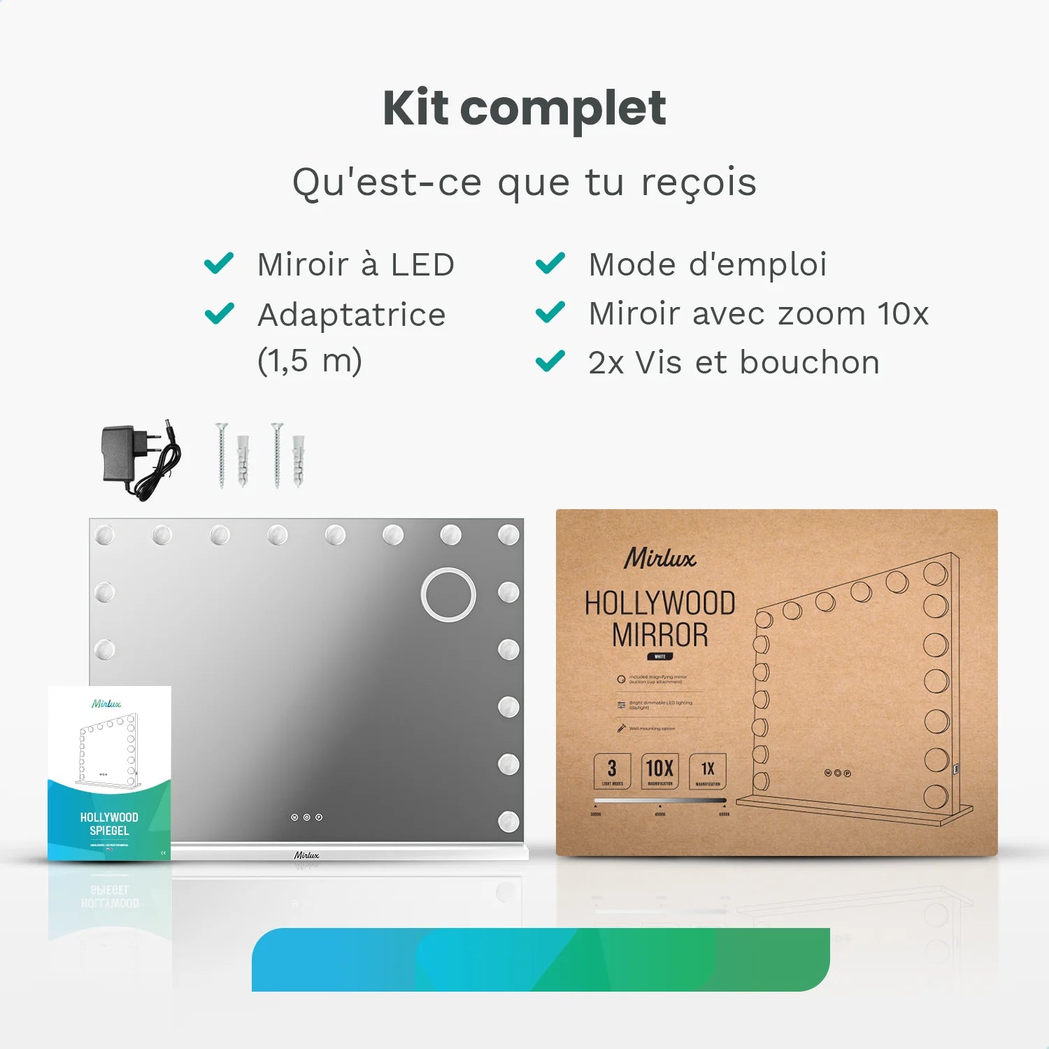 Miroir Hollywood - 80x60cm - Blanc