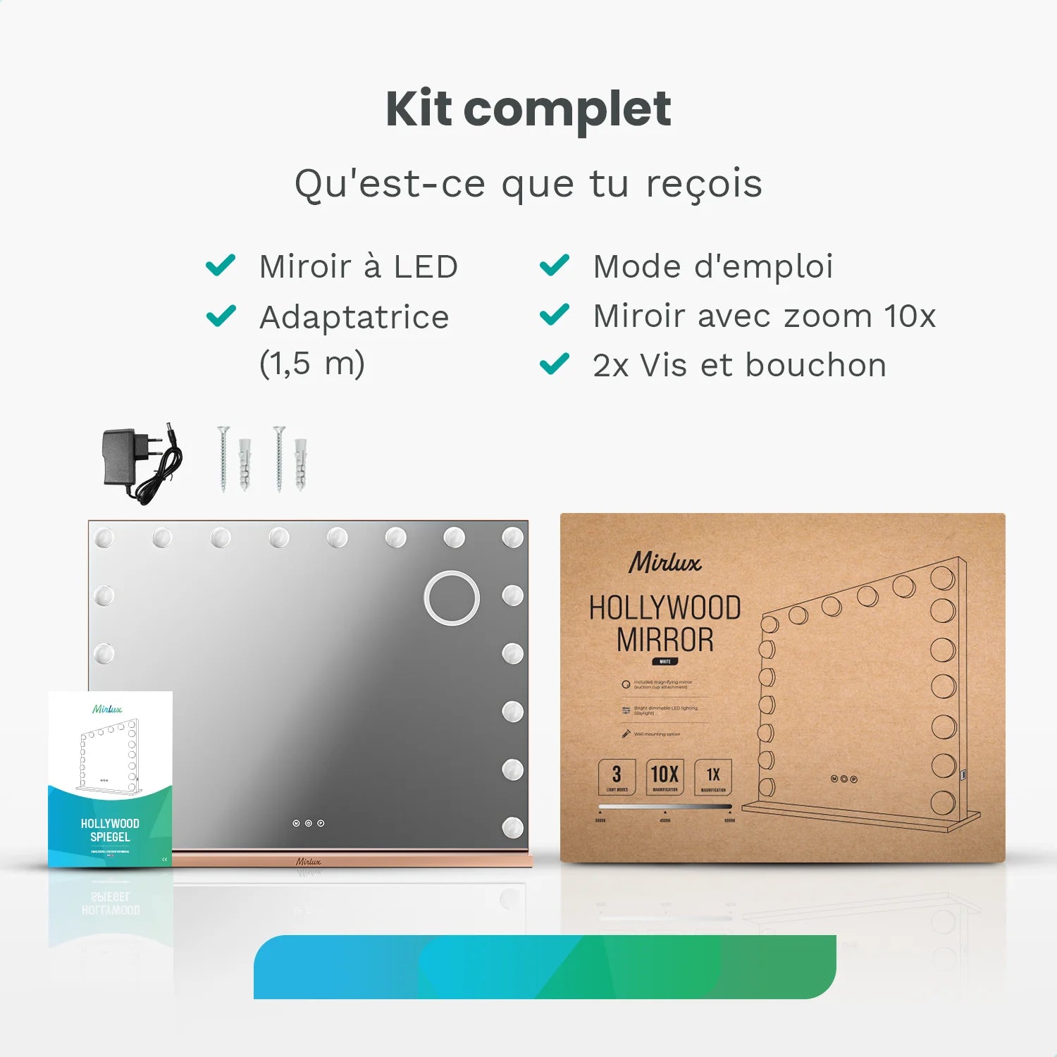 Miroir Hollywood - Enceintes Bluetooth - 80x60cm - Or Rose