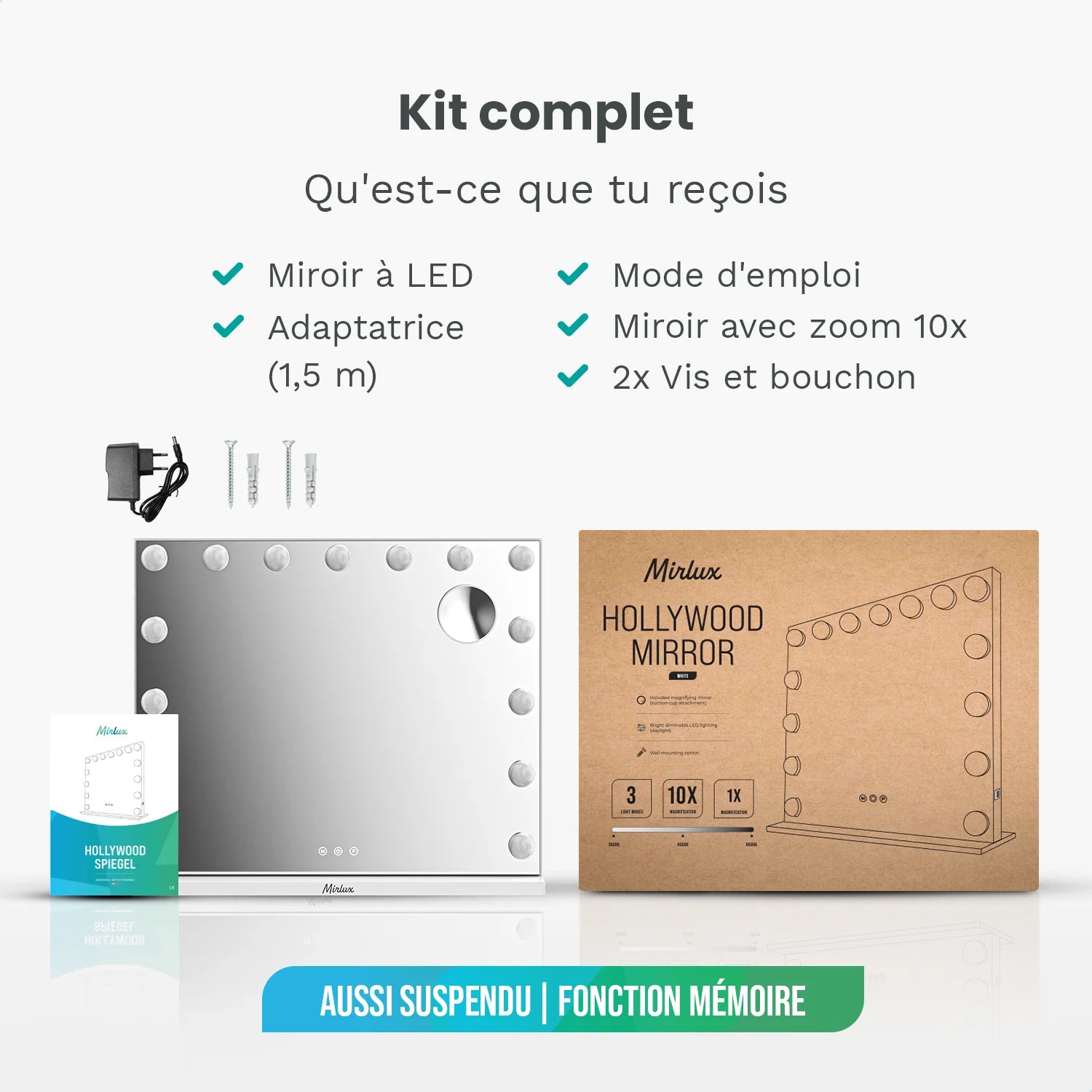 Miroir Hollywood - Enceintes Bluetooth 58x48cm - Blanc