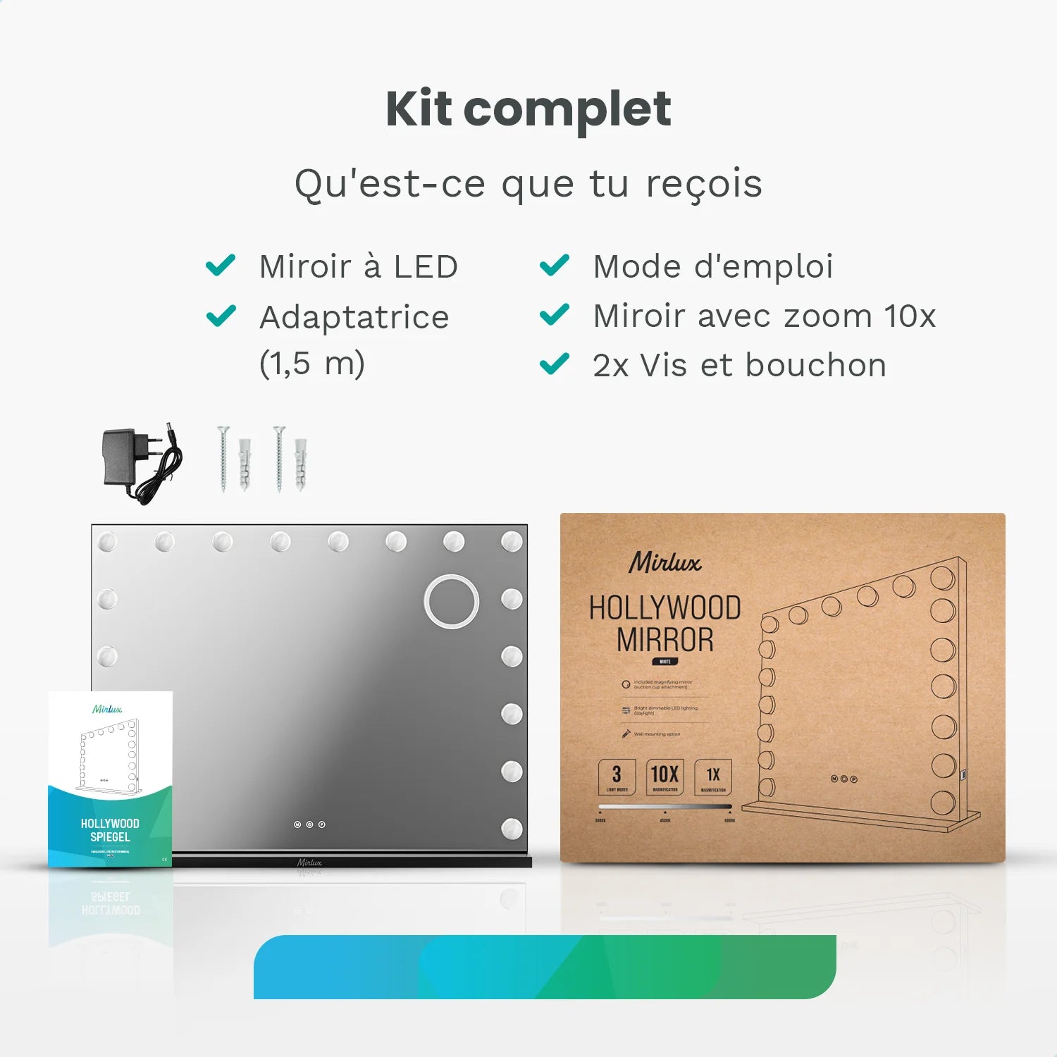 Miroir Hollywood - Enceintes Bluetooth - 80x60cm - Noir