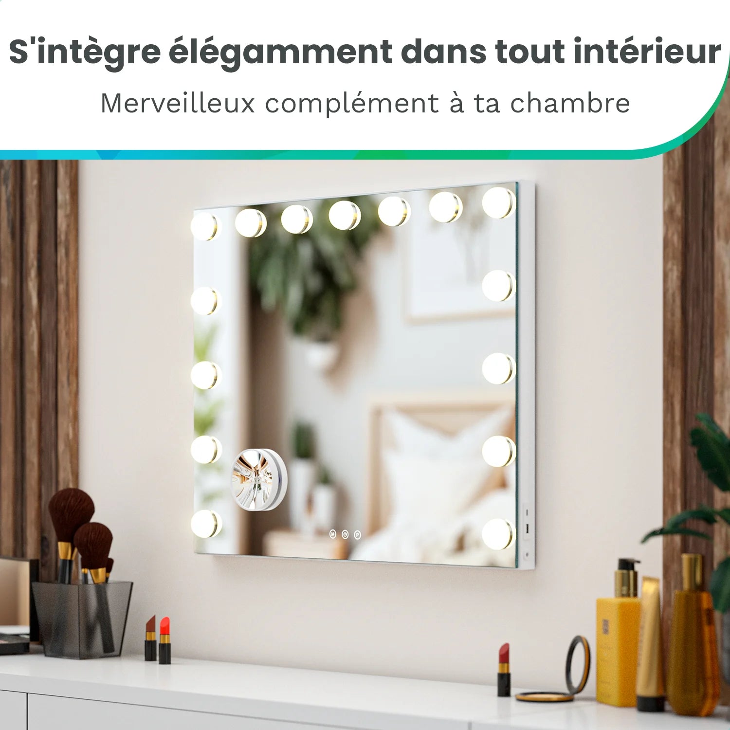 Miroir Hollywood - Enceintes Bluetooth 58x48cm - Blanc